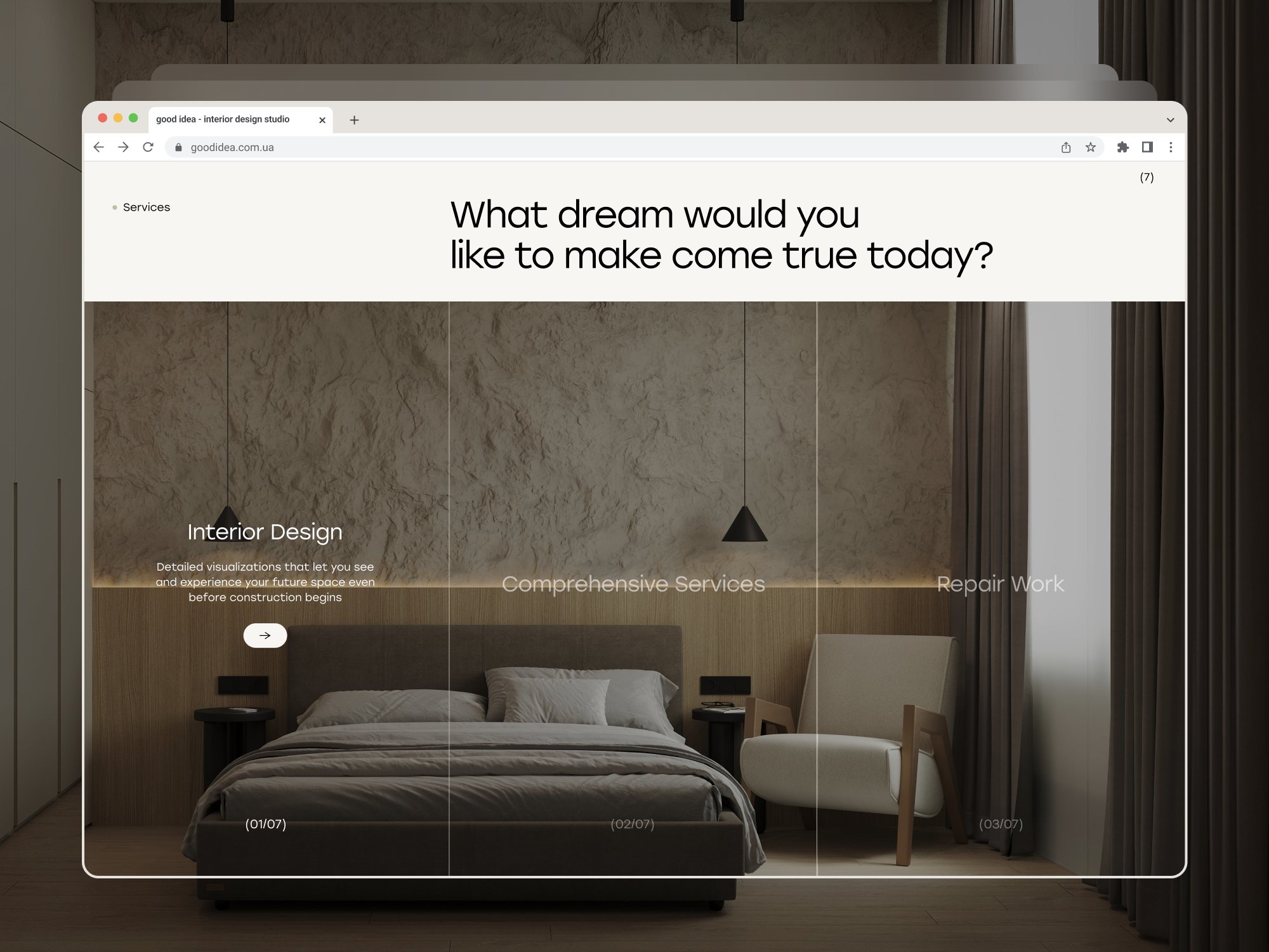 Good Idea | Minimalist Studio Services Web UI apartment staging ui architecture ui ux construction project management decor inspiration landing desktop web design furniture ecommerce app home renovation landing interior decorator portfolio interior design website lighting design web living room design web luxury property platform luxury real estate web minimalist house ui proptech user interface residential architecture ux room planner dashboard space planning app website onboarding framework