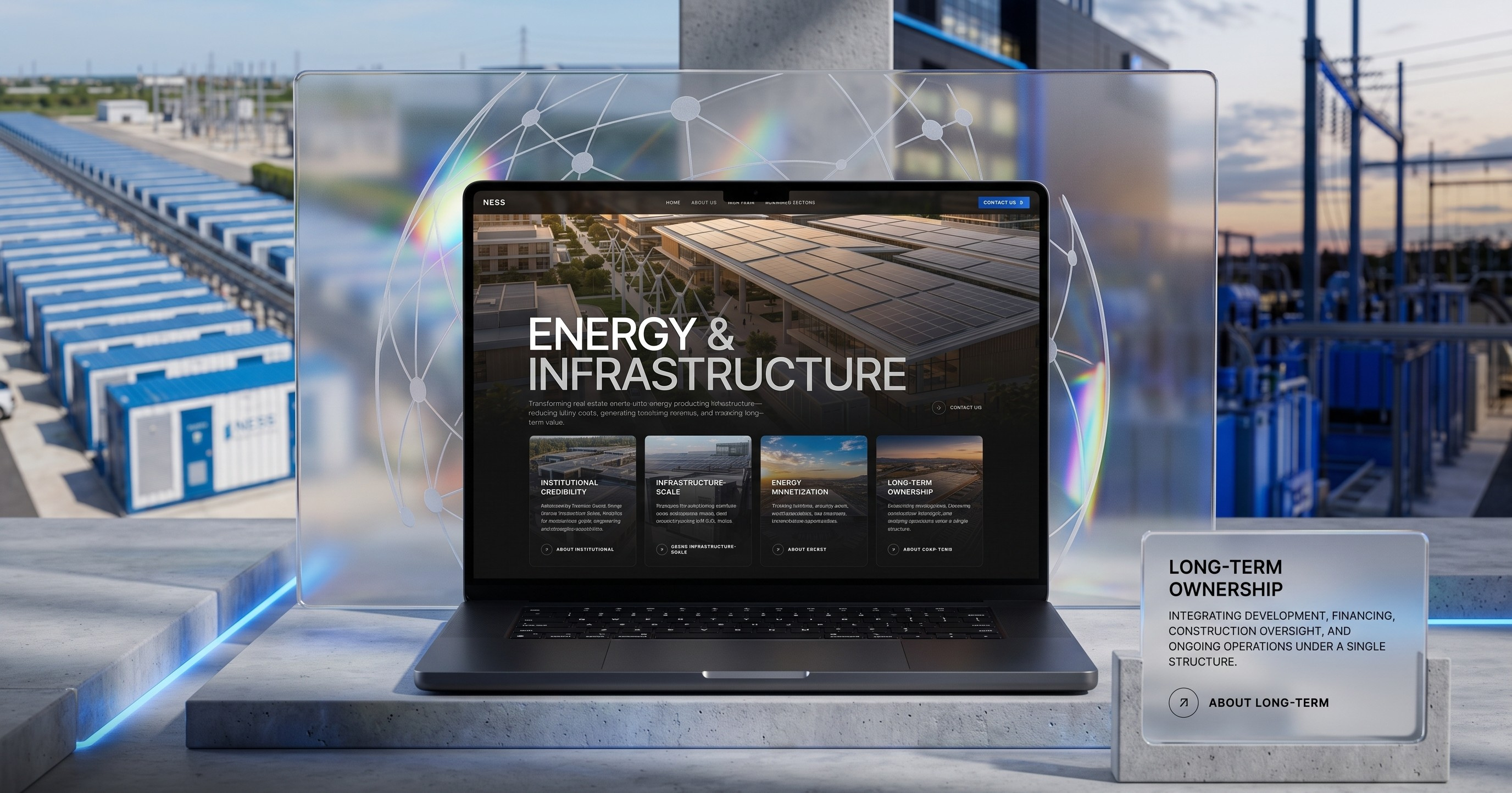 NESS — Energy Infrastructure at Institutional Scale bluewhiteaesthetic businessplatform cleanui corporatebranding creativedirection design energyinfrastructure institutionalscale modernweb portfoliodesign professionalux renewableenergy solardesign sustainabledesign ui uidesign uxdesign webdesign