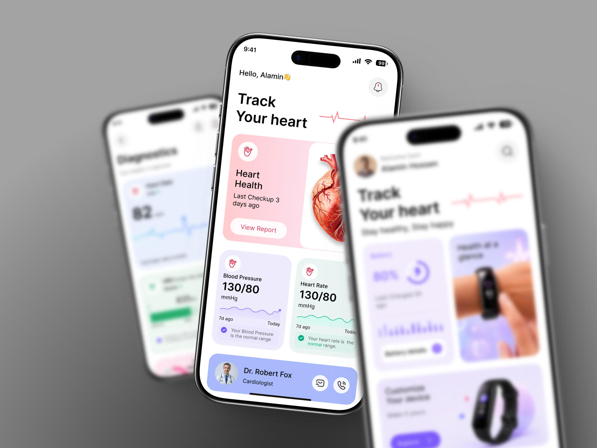 Healthcare Dashboard App – Heart Rate Tracker UI app design blood pressure dashboard figma fitness app health app health tracker health ui healthcare heart monitor heart rate ios app medical medical dashboard mobile app mobile ui smartwatch ui design ux design wearable