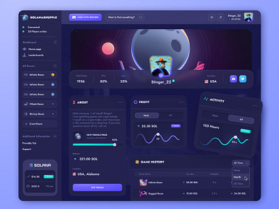 SOLANASHUFFLE: Profile page account admin betting crypto cryptocurrency dashboard gambling game graph illustration interface nft product design profile statistics ui ui kit uiux user web design