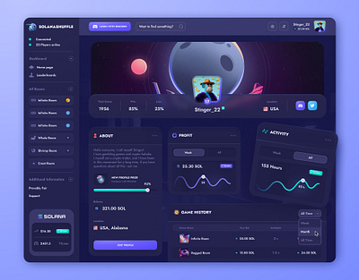 SOLANASHUFFLE: Profile page account admin betting crypto cryptocurrency dashboard gambling game graph illustration interface nft product design profile statistics ui ui kit uiux user web design