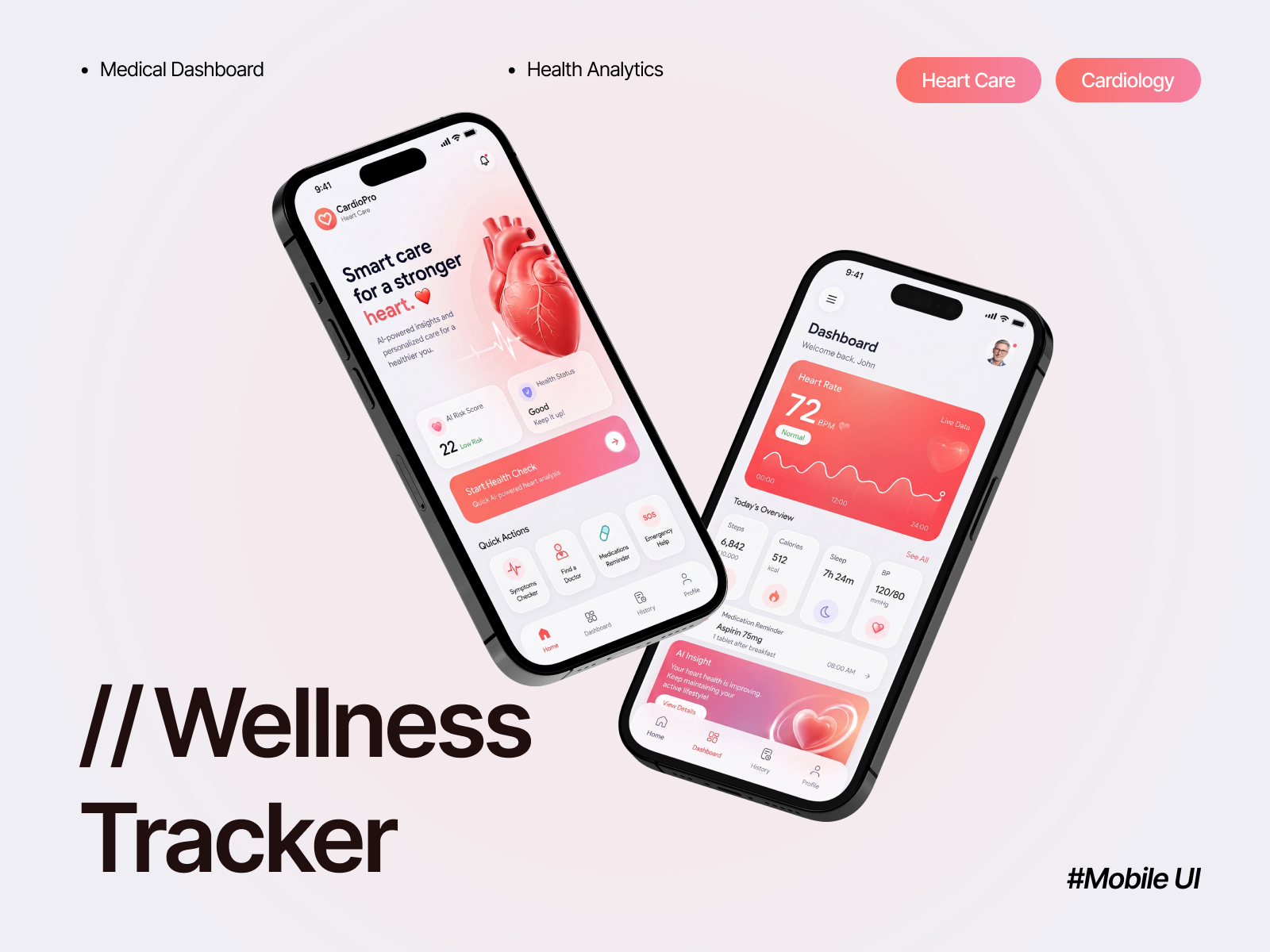 Wellness Tracker - Smart Heart Care App 15 keywords healthcare app app design cardiology figma health analytics health dashboard heart care hero section ios app medical app medical ui mobile app design mobile ui product design techwitpro ui design ux design web branding wellness tracker