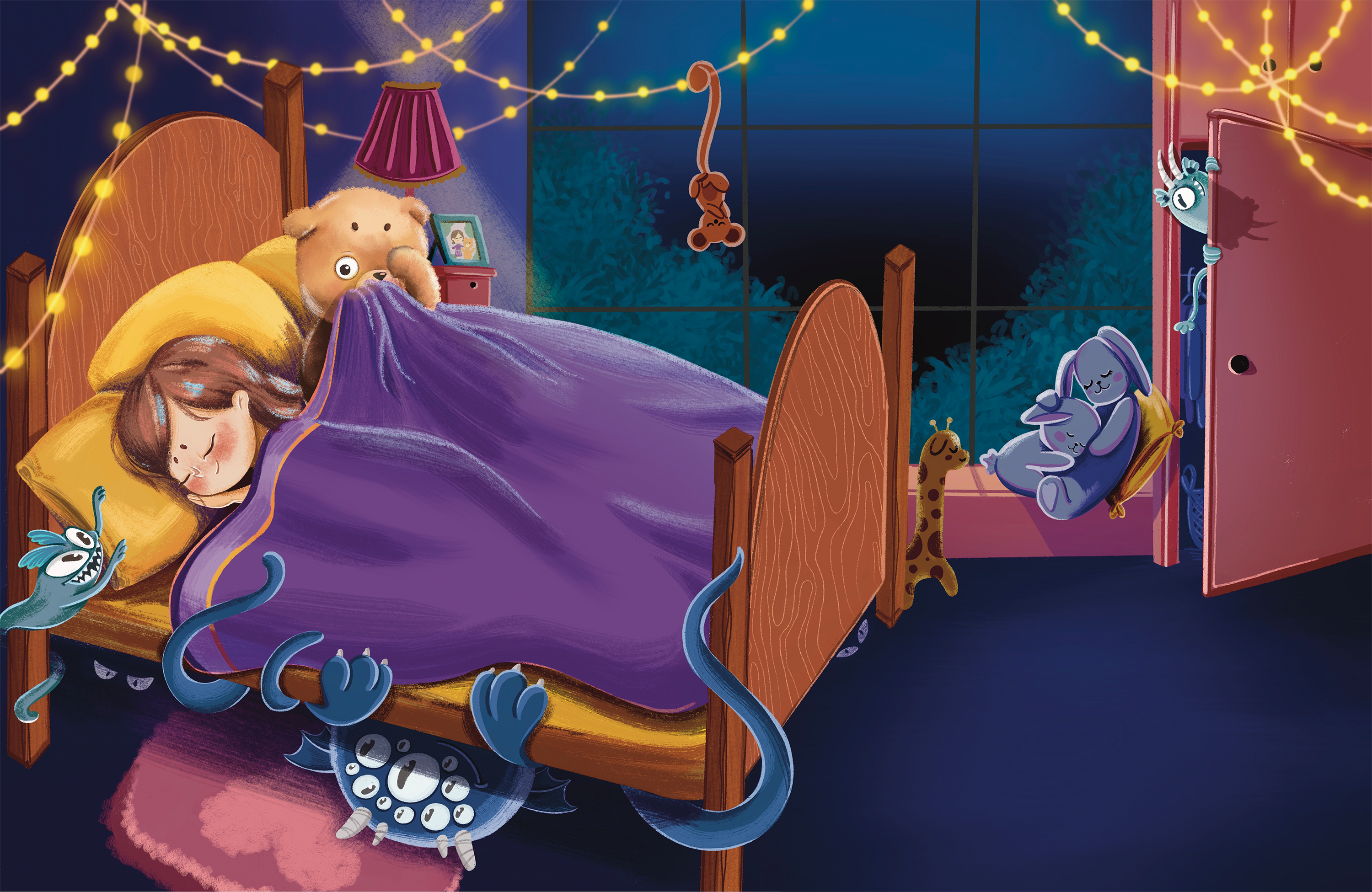 Night scene for children's book 2d book cartoon character childrens book illustration dark digital art emotion friends illustration lights monster night room sleep toy