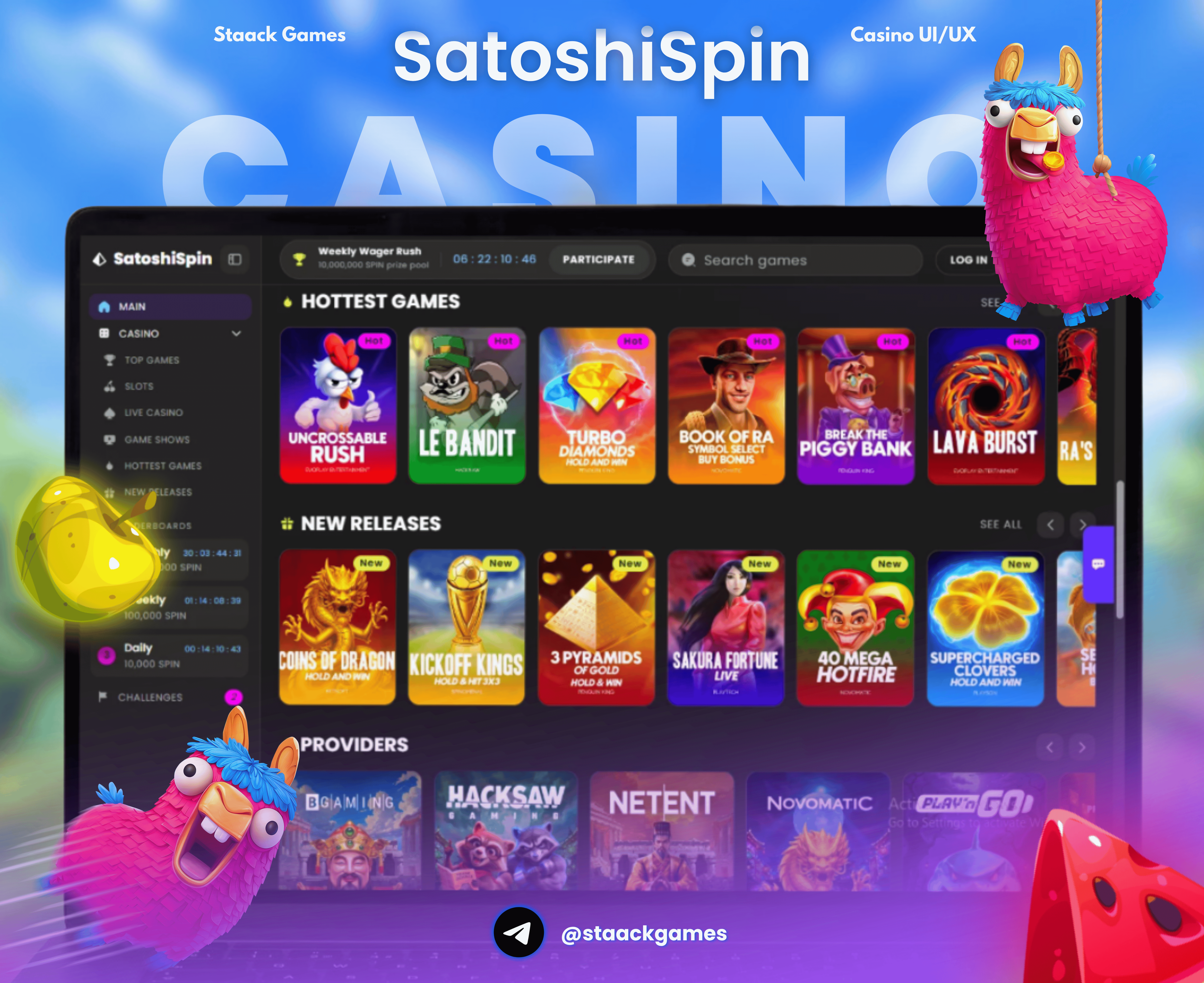 SatoshiSpin Crypto Casino — Full UI/UX Design app design betting app casino casino mascot crypto crypto casino dark ui gambling game dashboard games api igaming mascot design product design sportsbetting sportsbook ui design uiux ux design web design web3