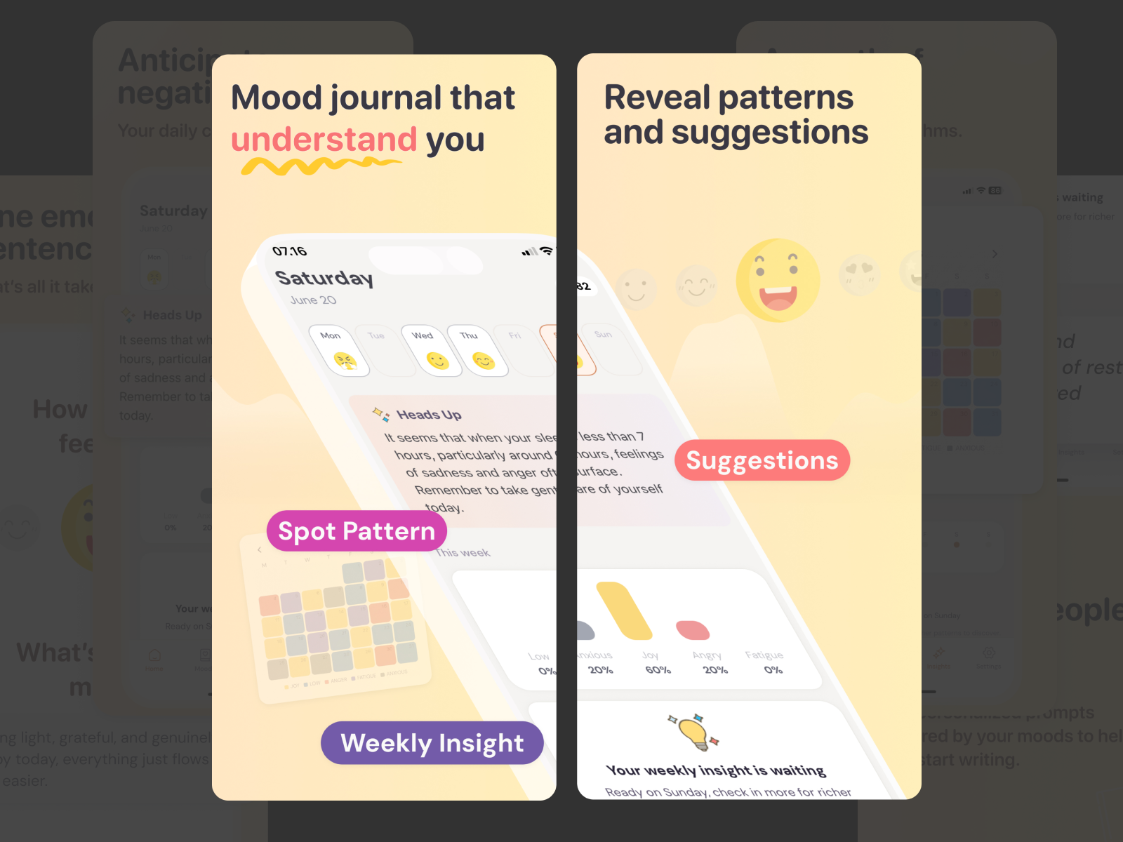 App Store Screenshots v2 for Emoodjee app screenshot app store optimization app store screenshot aso ios app mental health mood journal mood tracking rebound warm design