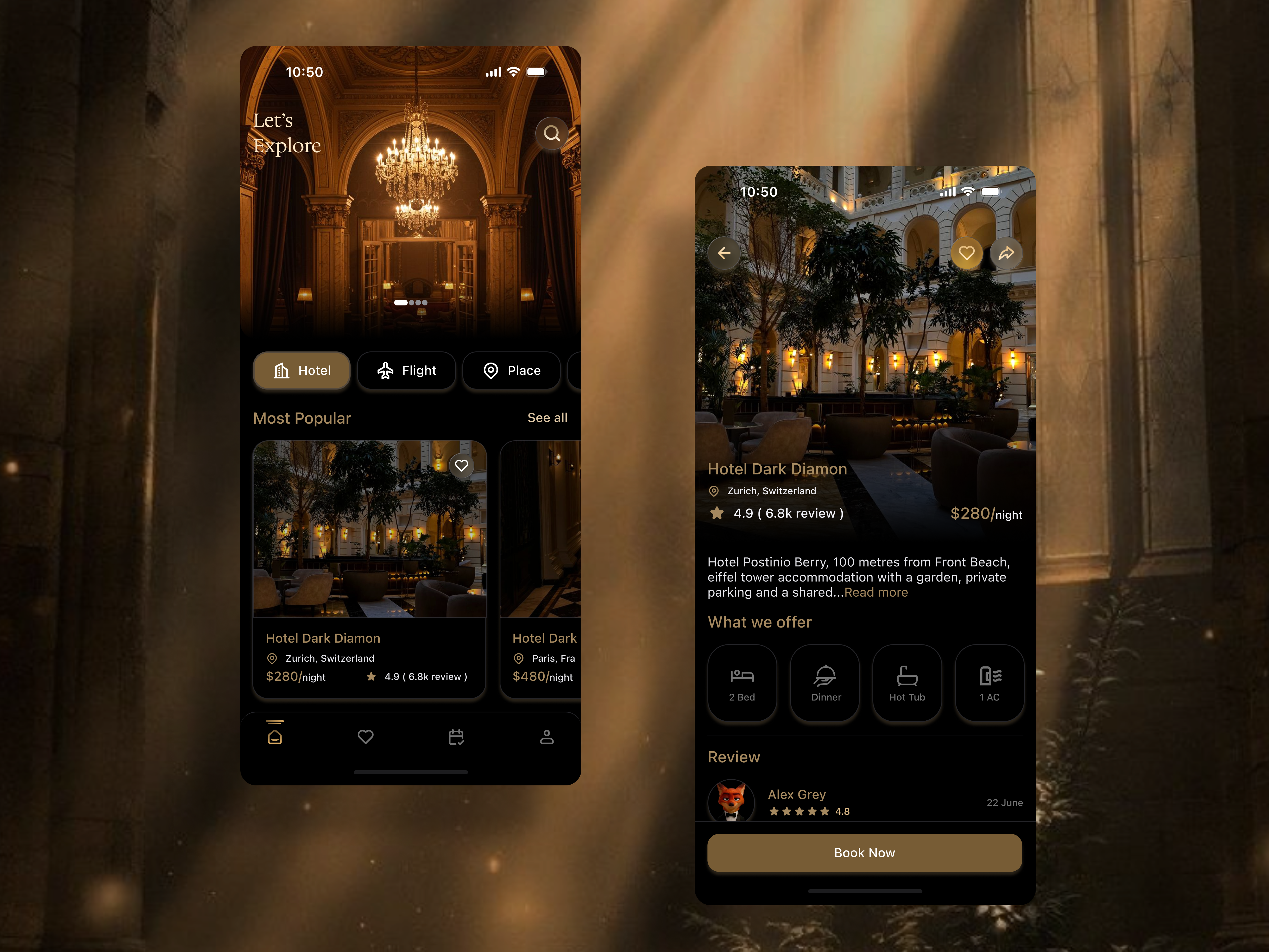 Luxury Hotel Booking App | Daily UI #67 dailyui dailyui067 darkui designchallenge designwithaudit dribbble figma hotelbooking luxurydesign mobileap travelapp uidesign uiinspiration uxdesign vacationrental
