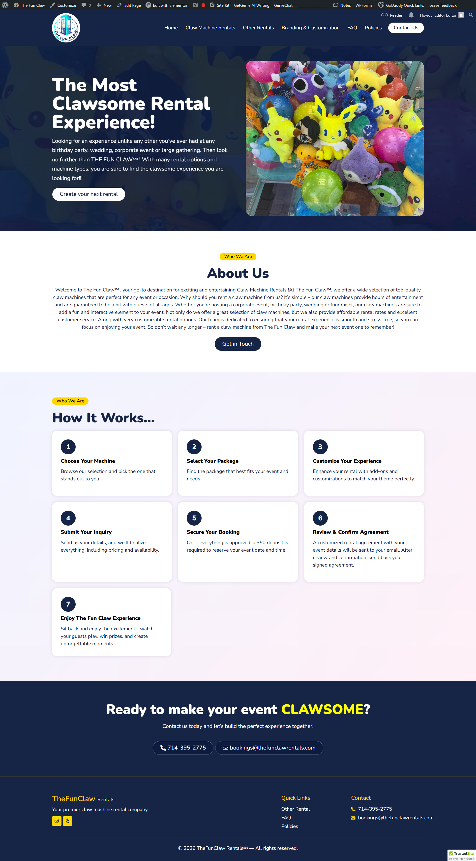 Claw Machine Rental Website Redesign design elementor design lead generation portfolio project responsive web design service website small business website ui ui ux design ux web design website redesign wordpress wordpress website