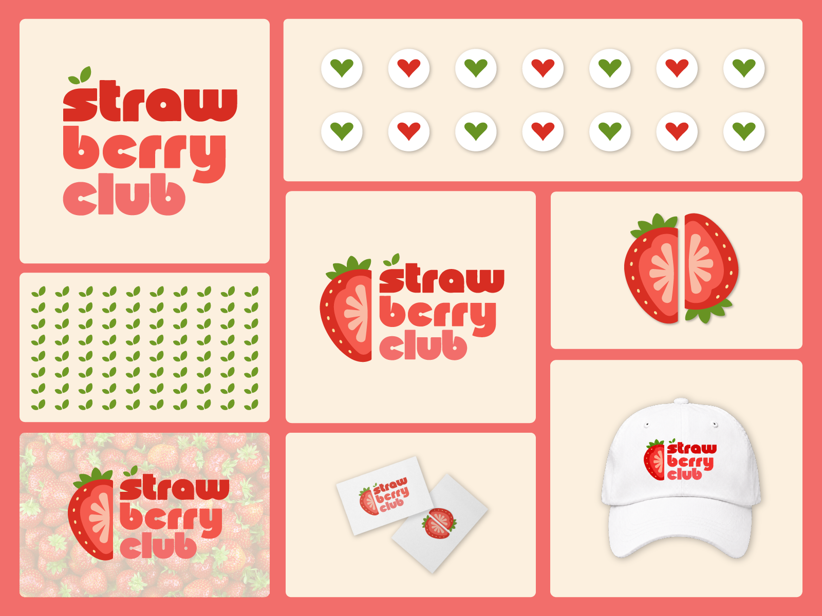 Straw Berry Club Logo Branding brand identity cafe branding colorful branding cute logo dessert branding food branding fruit branding fruity logo graphic design logo design logo mark merch design packaging design pattern design playful branding retro logo sticker design strawberry logo vintage branding visual identity
