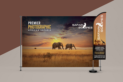 Trade-fair materials for SafariScapes adventure africa branding elephants flag nature photographic safari sail flag sunset trade show turism wild animals