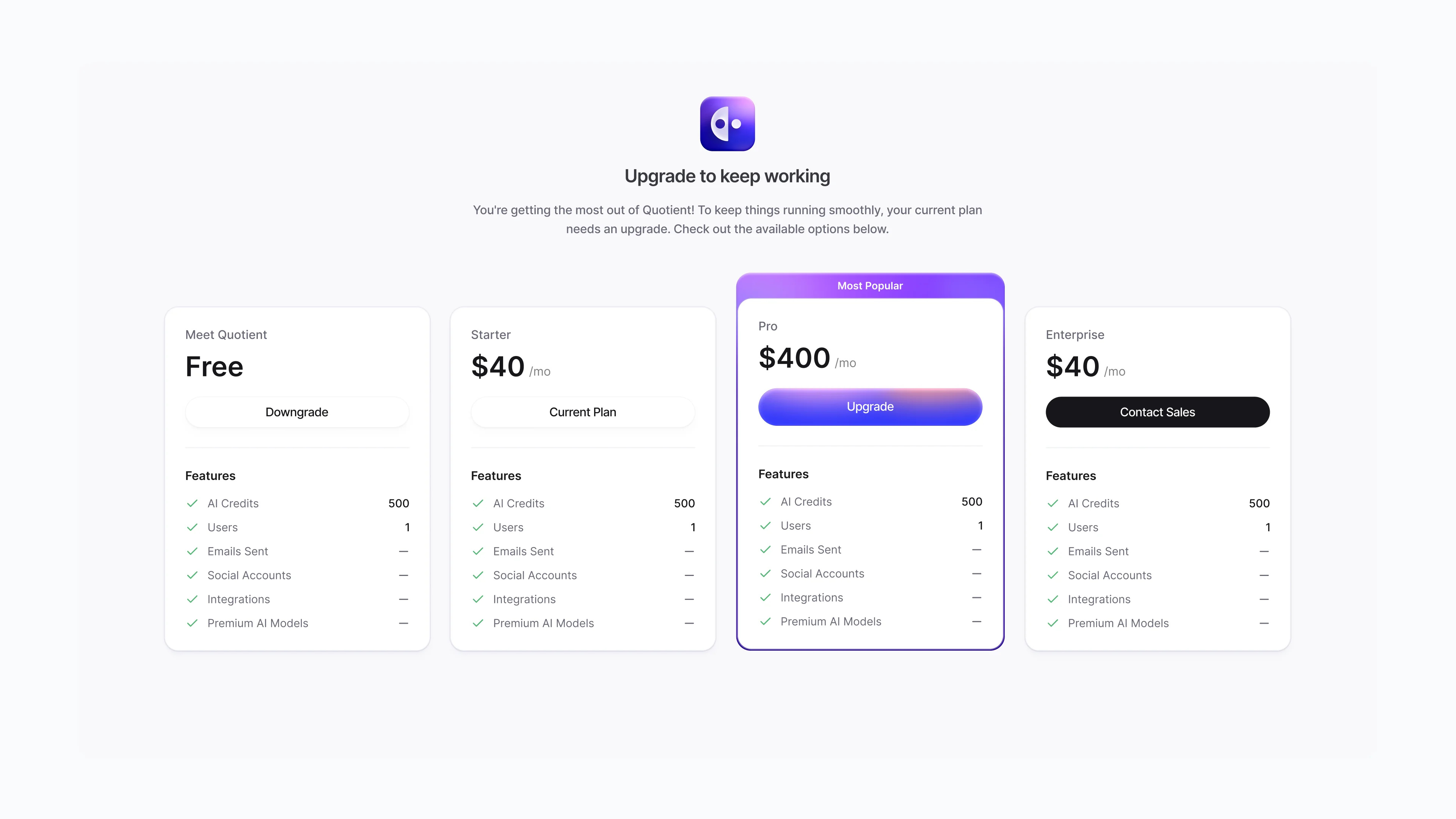 Pricing plans for QuotientAI clean design hero hero design homepage landing page minimal modern pricing ui ux web design website