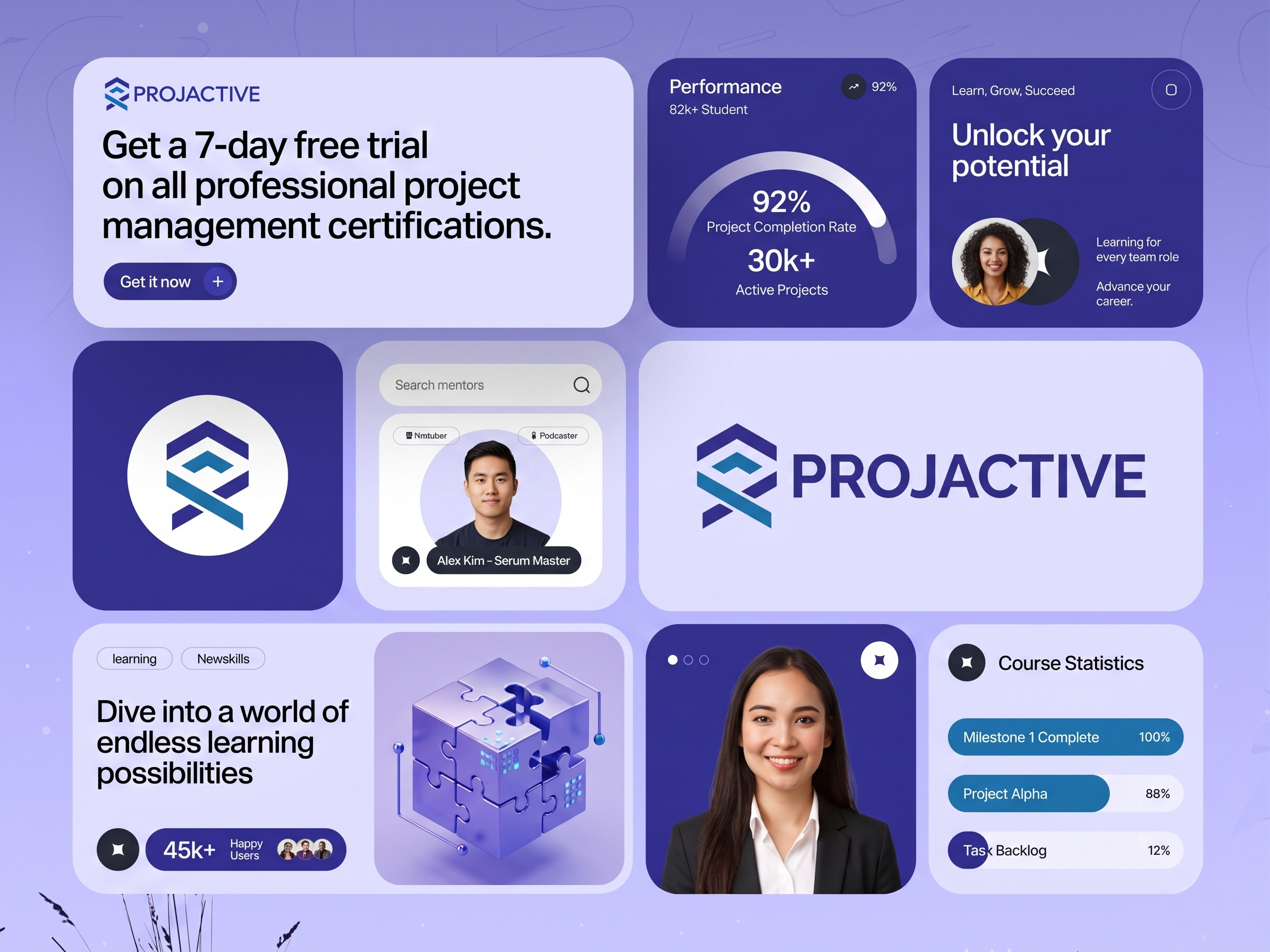 PROJACTIVE Learning Platform Brand Identity & UI Design ai app logo brand design brand guideline branding branding identity company branding company logo creative logo design graphic design logo design minimalist logo design motion graphics p logo personal branding projective startup tech branding technology typography