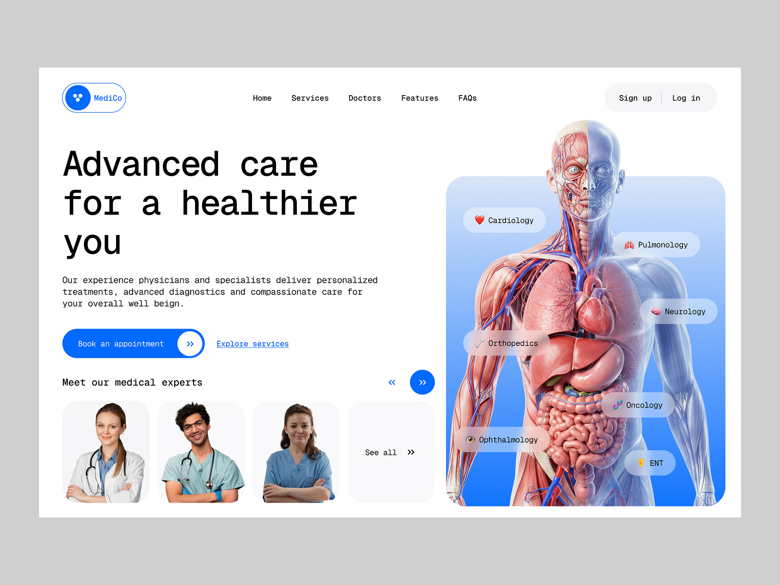 Healthcare Website Hero Section - MediCo UI Design clinicwebsite doctorapp healthcare healthcareui healthtech herosection homepageui hospitalwebsite landingpage medicaldesign medicalhomepage medicalui productdesign telehealth uiux uxdesign webdesign websitedesign webui