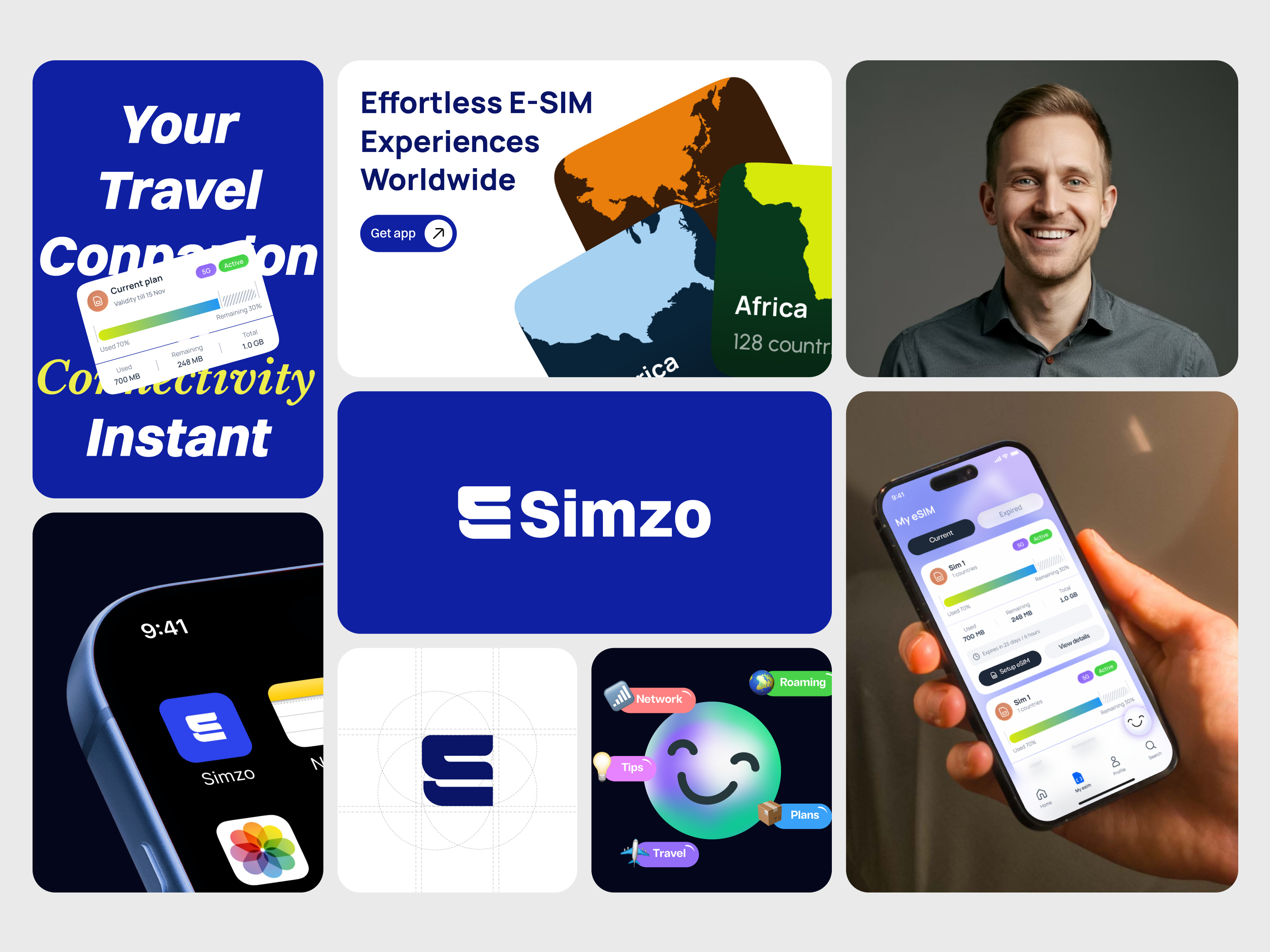 Simzo - Visual Identity bento brand design branding clean data design element esim figma focotik agency insta story product product design social stats travel typography ui element user experience web graphic