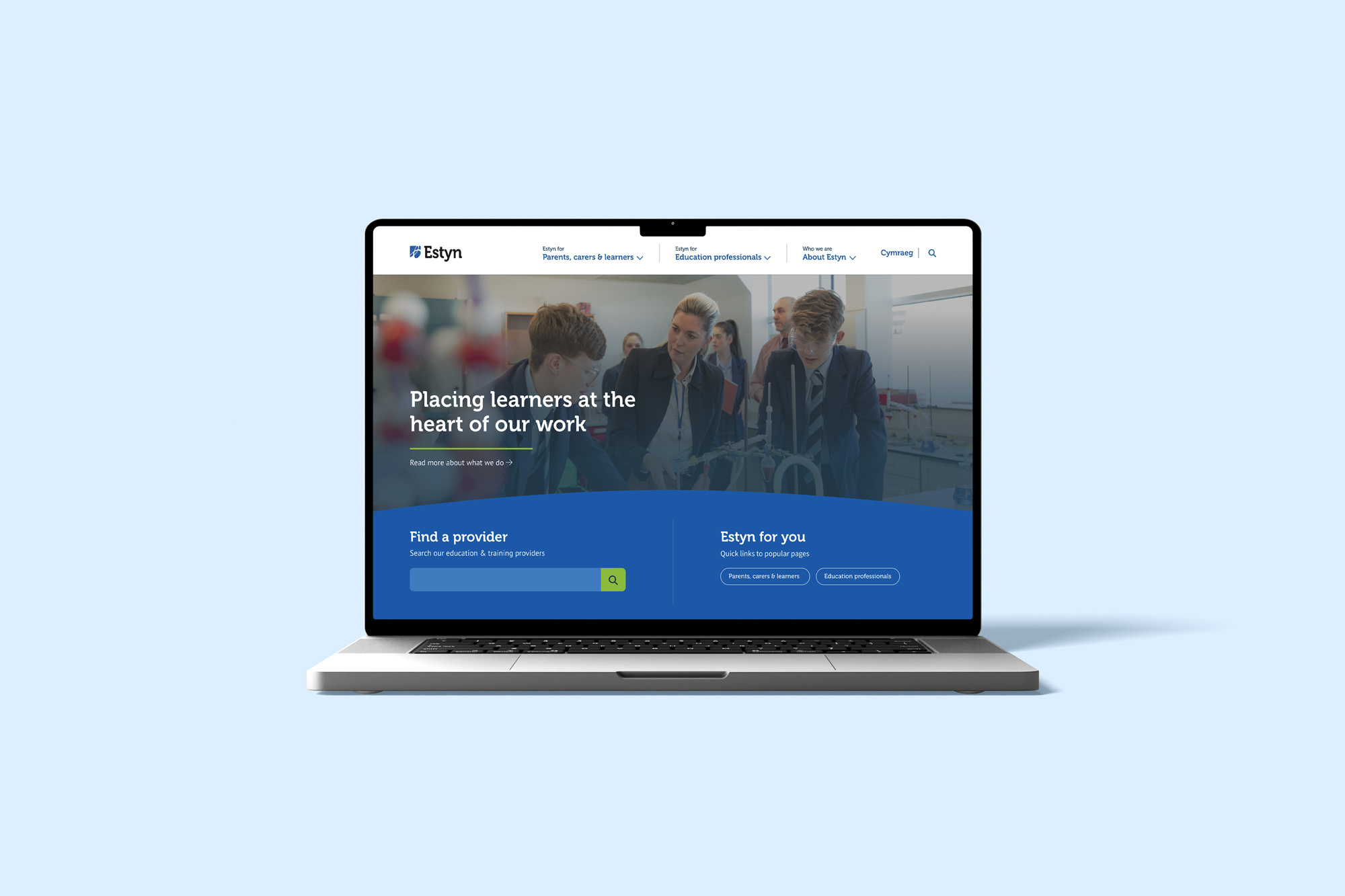 Website for Estyn, the education inspectorate for Wales blue education graphic design inspection resources training ui ux wales web design website