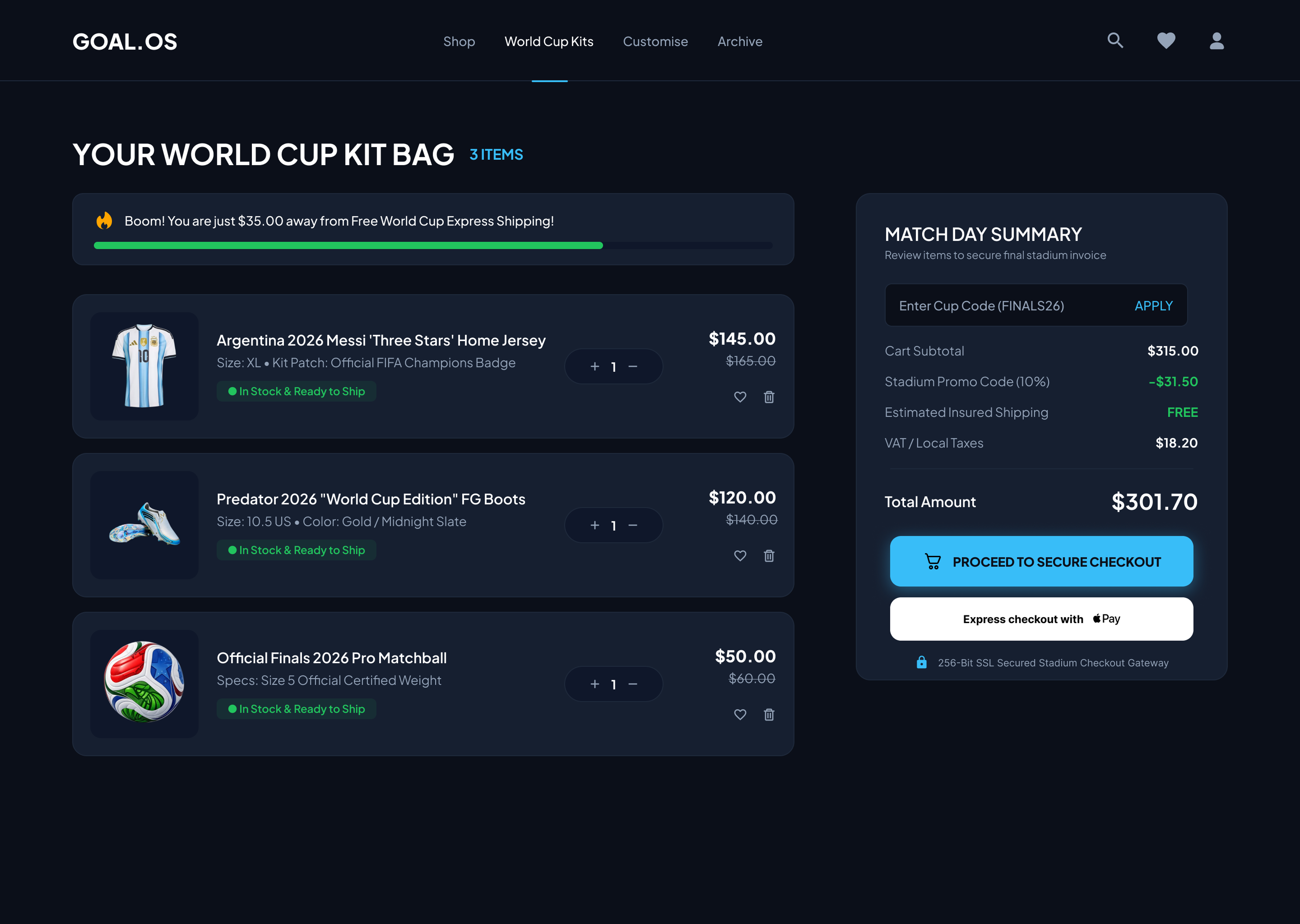 Daily UI #058 | GOAL.OS — World Cup Immersive Shopping Cart UI checkout clean ui daily ui daily ui 058 dark mode dashboard ecommerce figma graphic design minimalist premium ui shopping cart sports ui sports web ui ui design user experience web design world cup