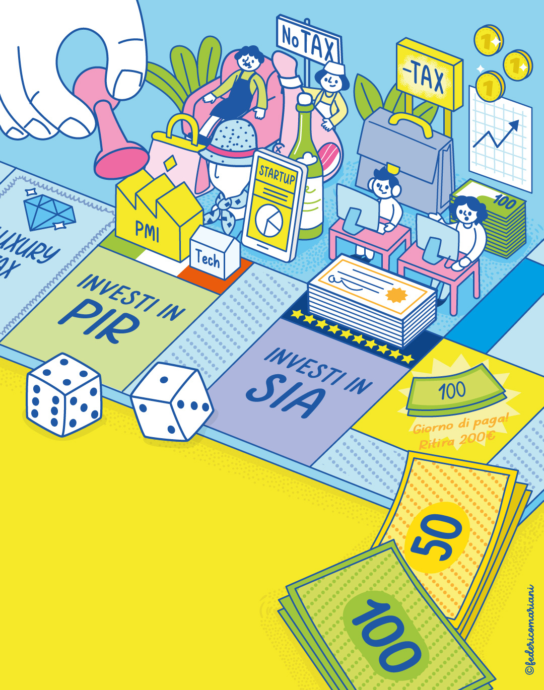PIR & SIA Investments boardgame economics finance illustration investments lineart money monopoli