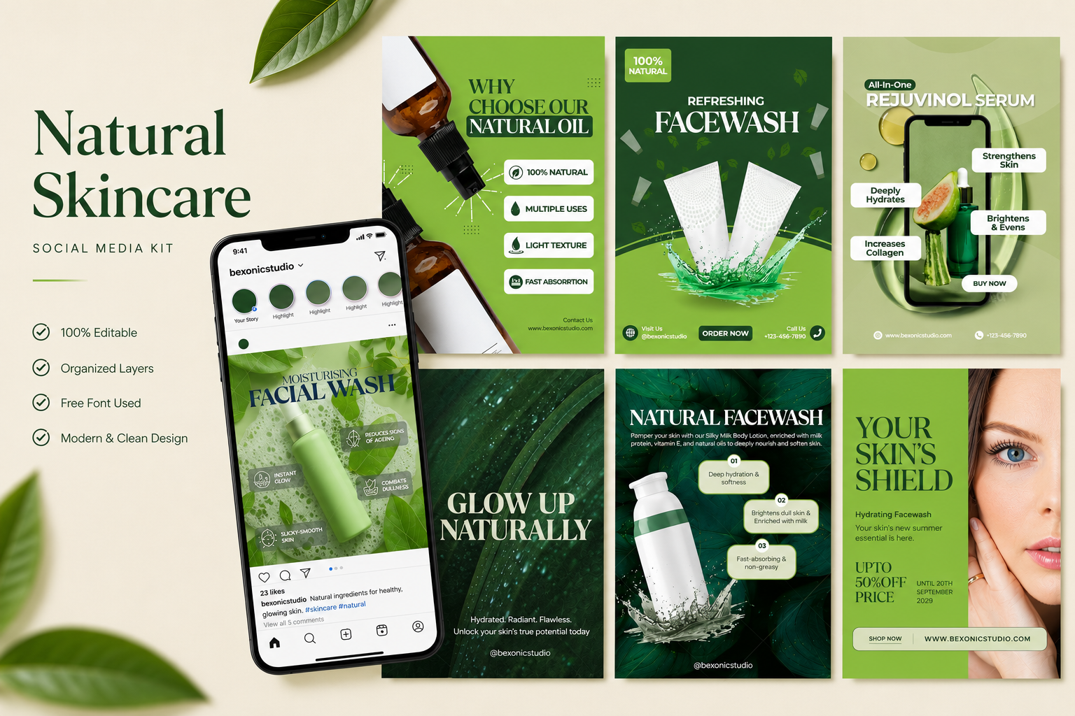 Natural Skincare Social Media Kit | Instagram Post Design beauty branding cosmetics graphic design instagram post marketing photoshop skincare social media design social media kit