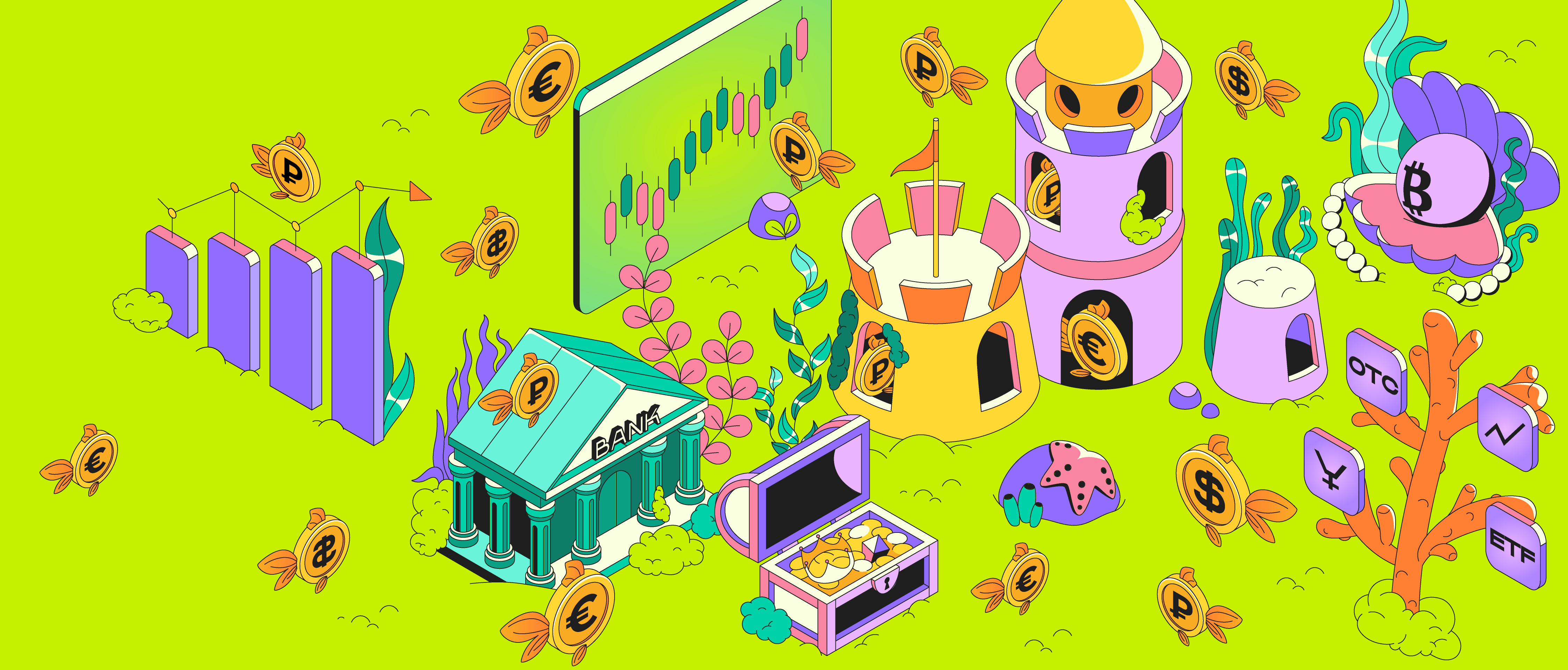 Financial ecosystem aquarium bank branding coin crypt cryptocurrency design dollars ecosystem euros finance fish gold graphic design illustration money sea star ui vector