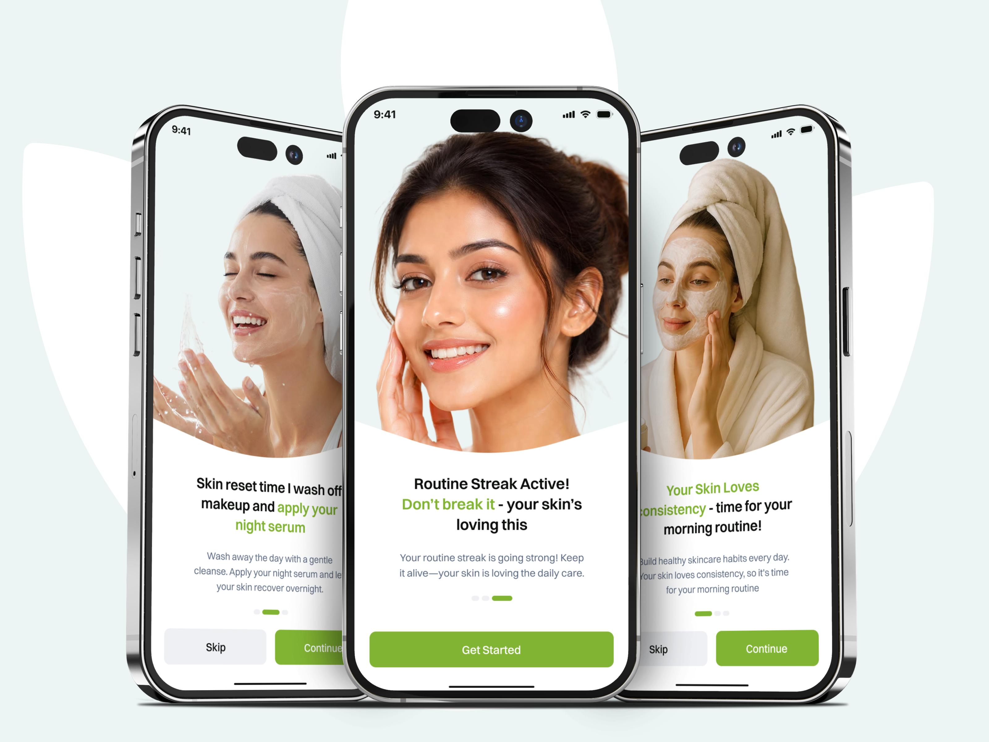 Glowly — Skincare Onboarding Experience appdesign appui beautyapp dailyui figmadesign greenui interfacedesign mobileapp mobileui onboardingui productdesign routineapp selfcareapp skincareapp uidesign uiux userinterface uxdesign visualdesign wellnessapp