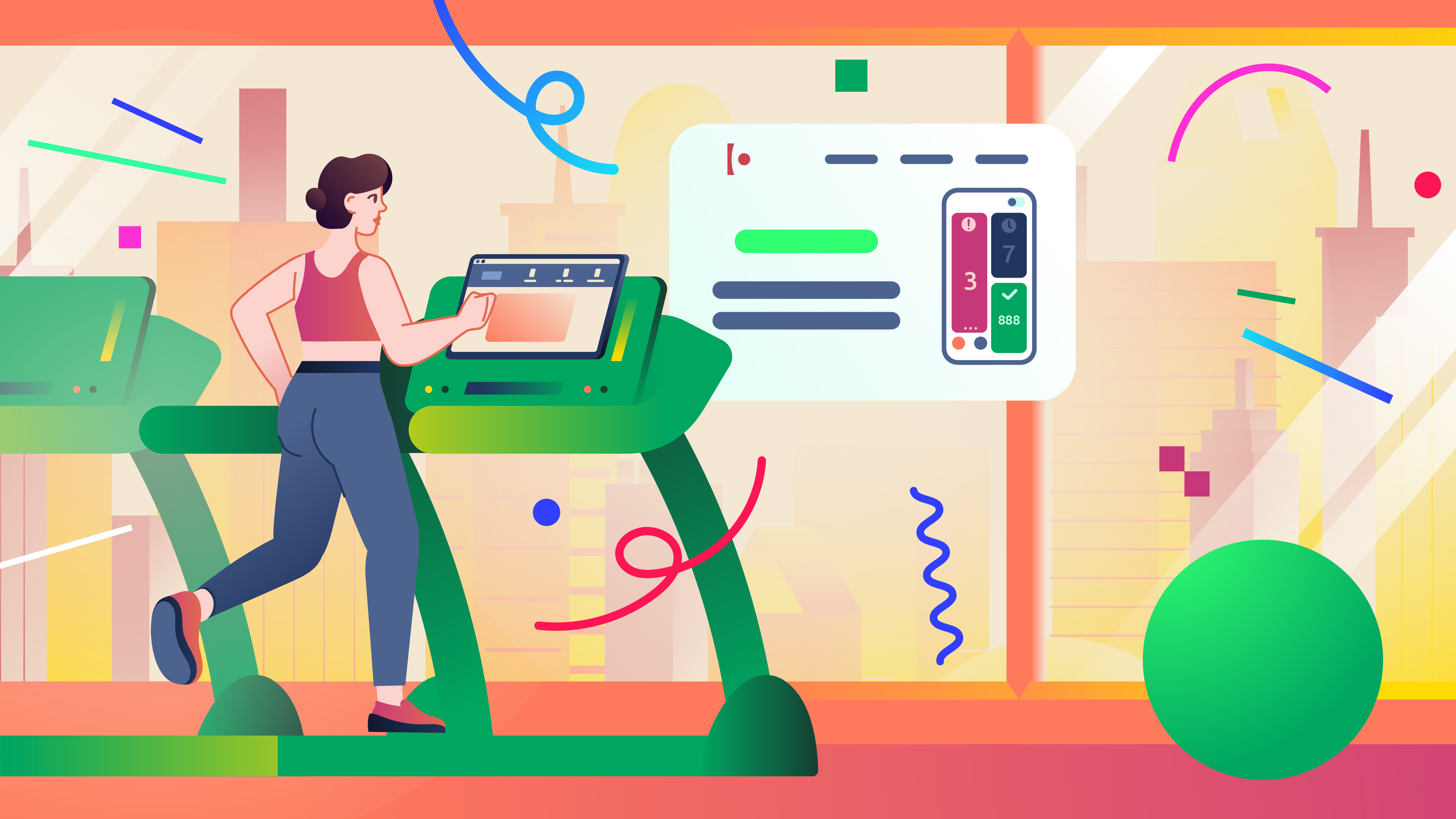 Digital documents 6 2d character city corporate digital everywhere gym illustration indoors office running saas screen simple sport suit threadmill