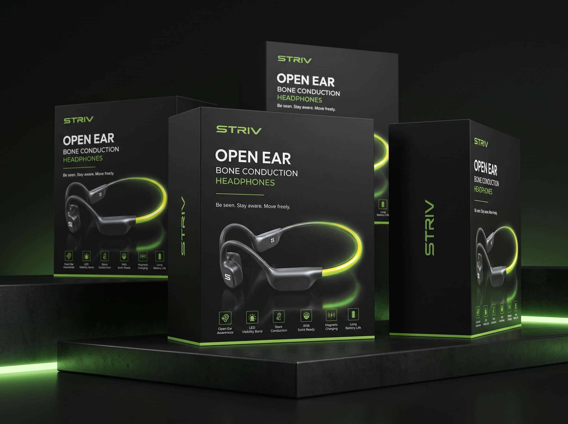 Premium Packaging Design for STRIV Bone Conduction Headphones adobe illustrator box design branding electronics headphones mockup packaging packaging design product packaging tech