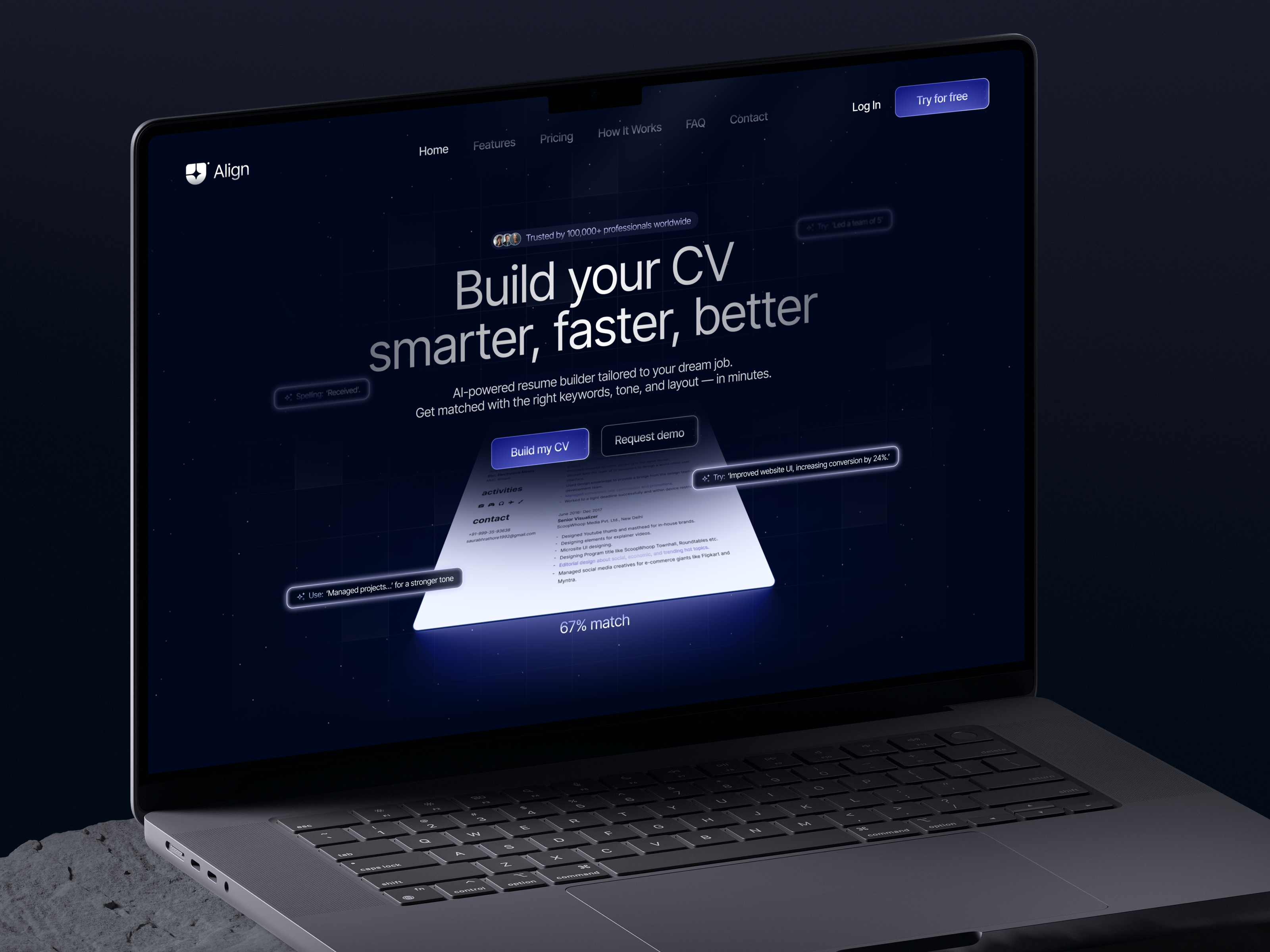 📃 Web Design for AI CV builder | Hyperactive ai career cv dark ui design glass hero section hiring hyperactive landing page product design resume search ui ux web design website work