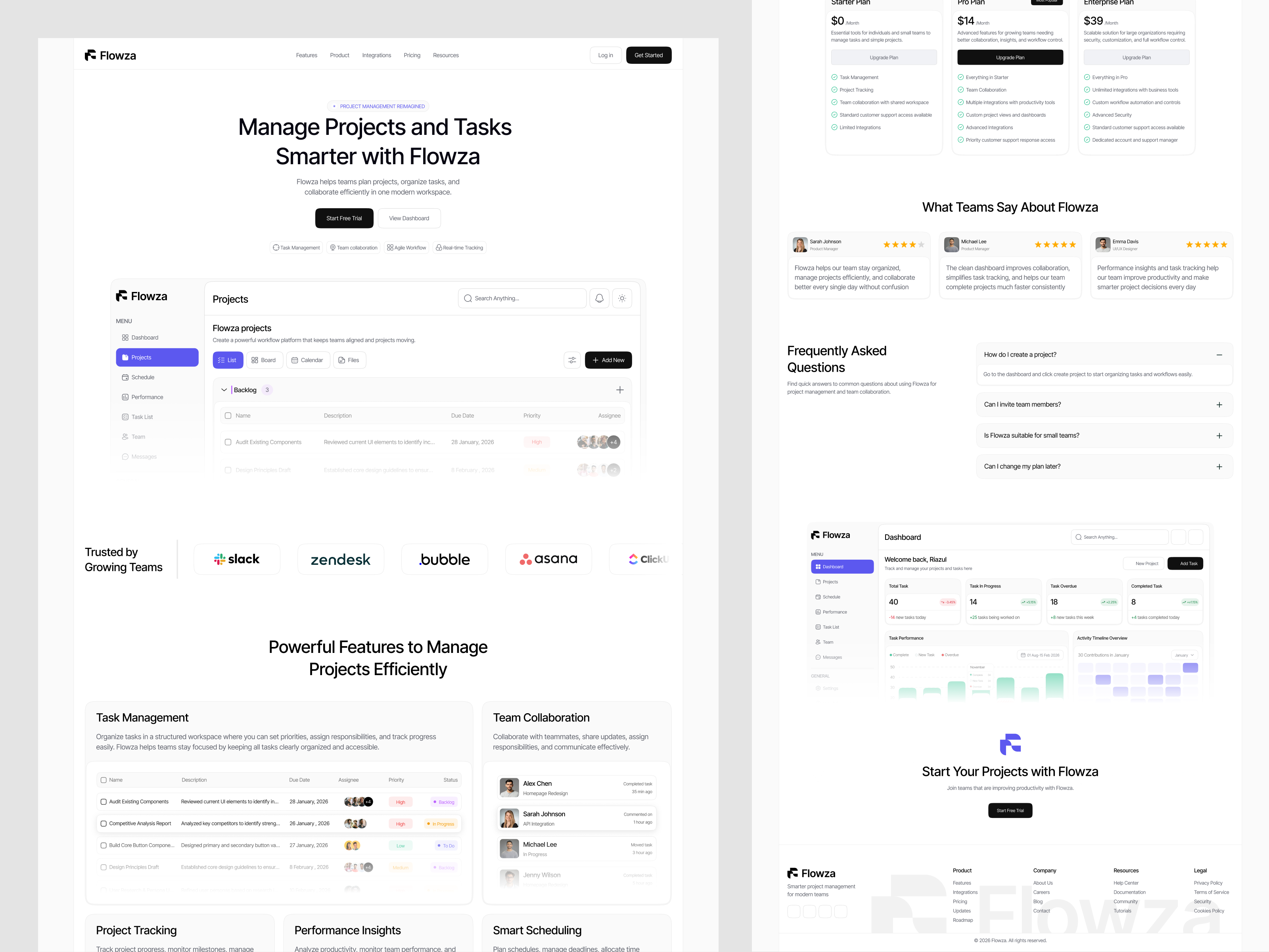 Flowza – SaaS Project Management Landing Page automation clean enterprise software erp landing page product design productivity project management saas startup website uiux website