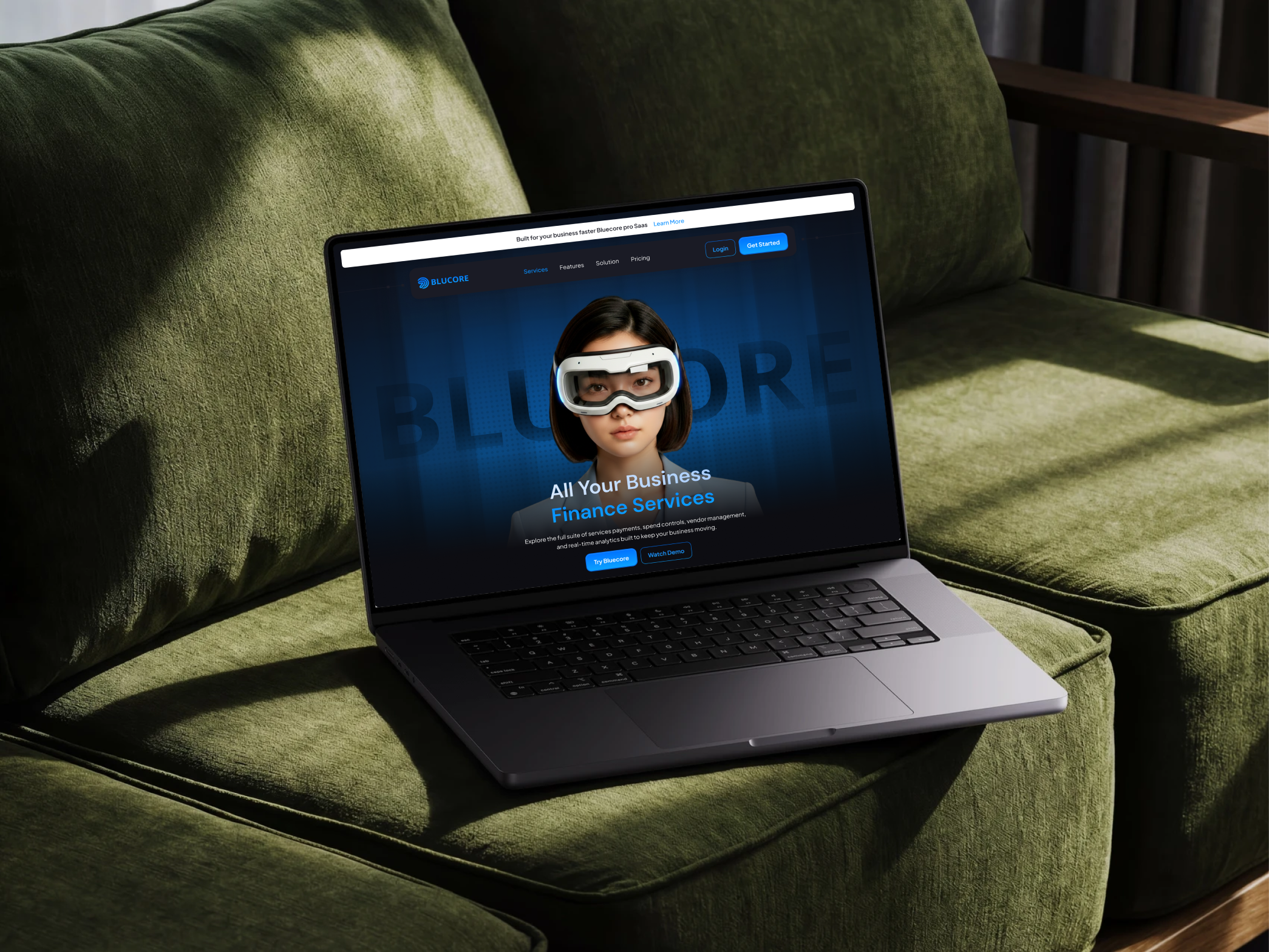 Blucore — Business Finance Management Landing Page ai bluecore dark darkui design fintech landing productdesign saas ui ui design uiux ux webdesign website