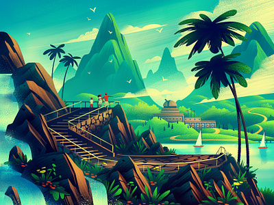 Cliffside Trail family getaway illustration island ocs orlin culture shop outdoors overlook retro tropical vacation vintage