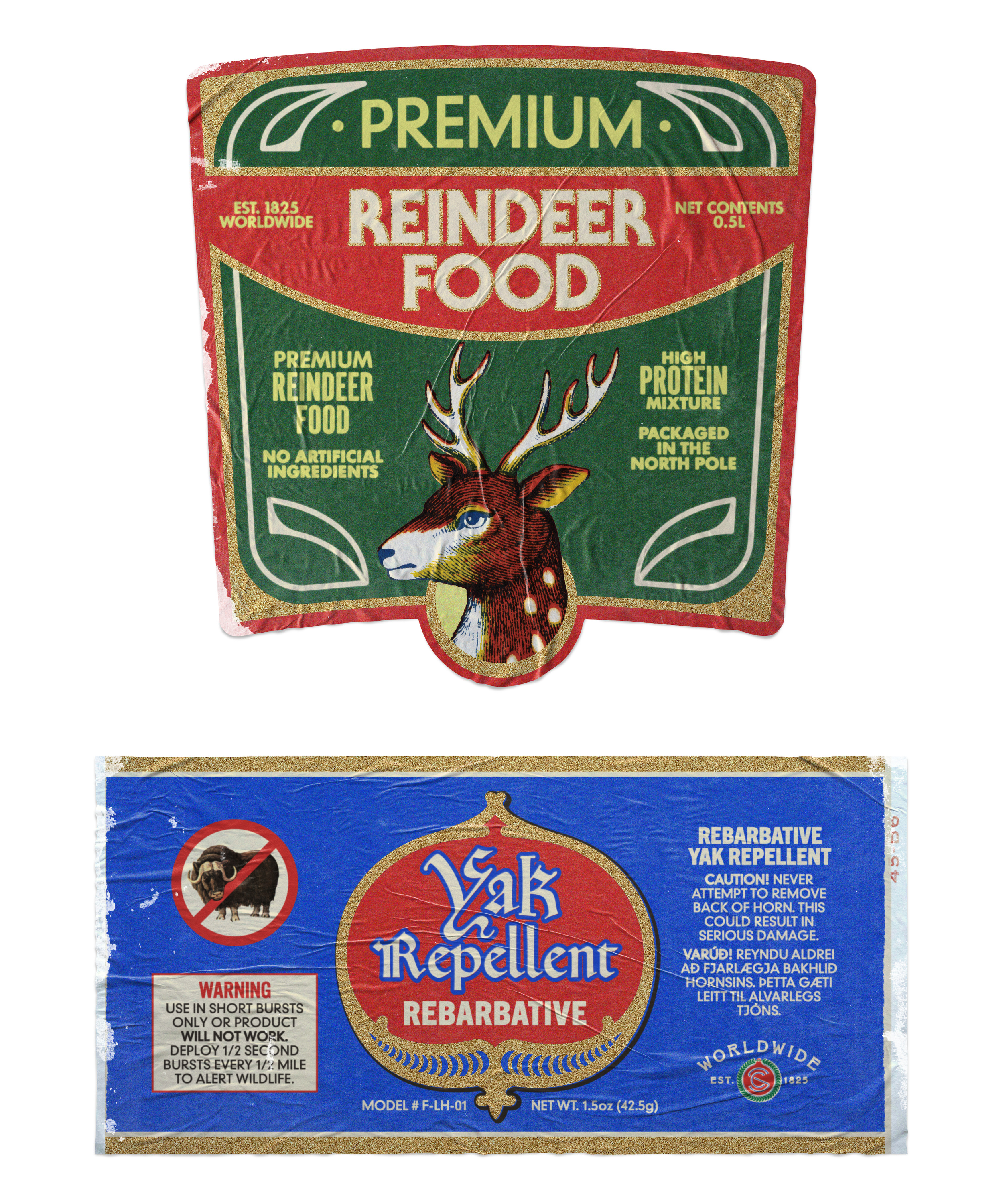 Reindeer Food & Yak Repellent Labels branding label design packaging prop typography vintage