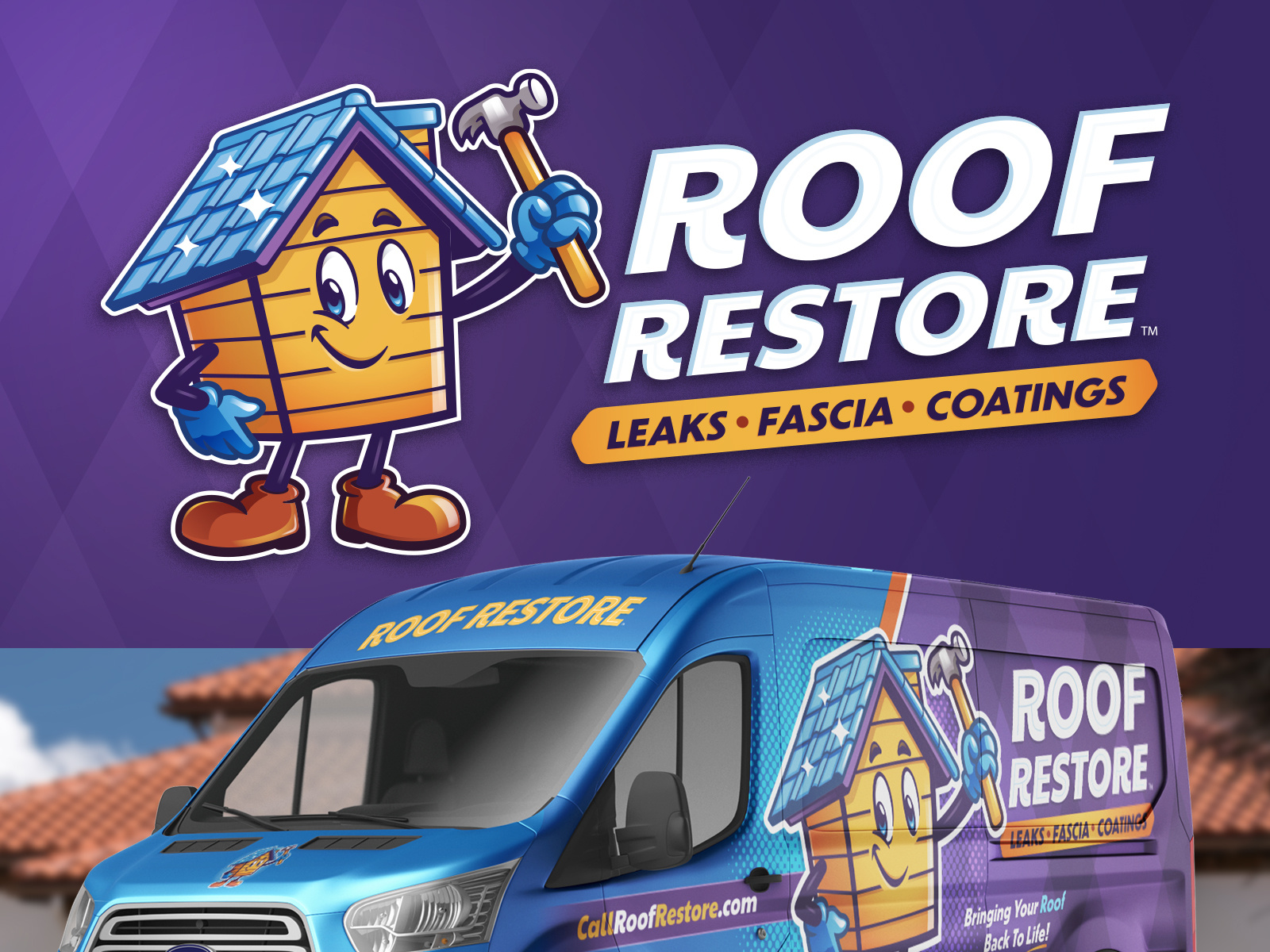 ROOF RESTORE Branding bold branding brochures collateral design flyers graphic design home service home service branding hvac landscaping marketing mascot logo plumbing roofing roofing logo van wrap
