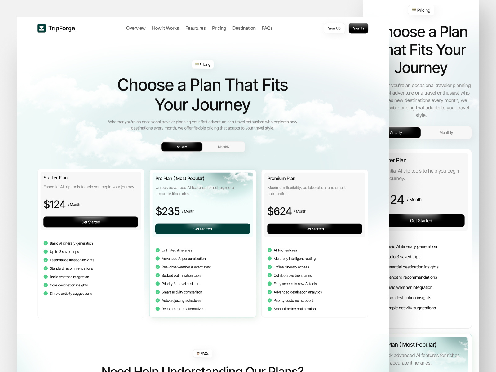 TripForge - AI for Trip Planner (Pricing Page) design system flight booking hotel booking itinerary planner landing page redesign website responsive design saas smart travel travel ai travel app travel booking travel management travel planning travel saas travel startup travel website trip guide trip planner vacation planner