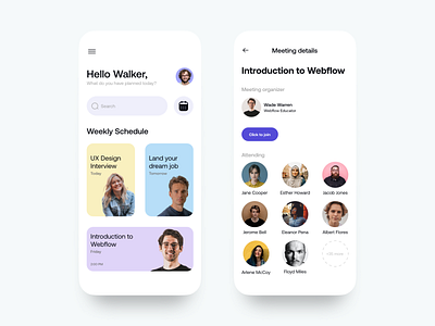 Layout exploration 03 app cards color design figmadesign meetingapp minimal schedule scheduleapp typography u ui webflow