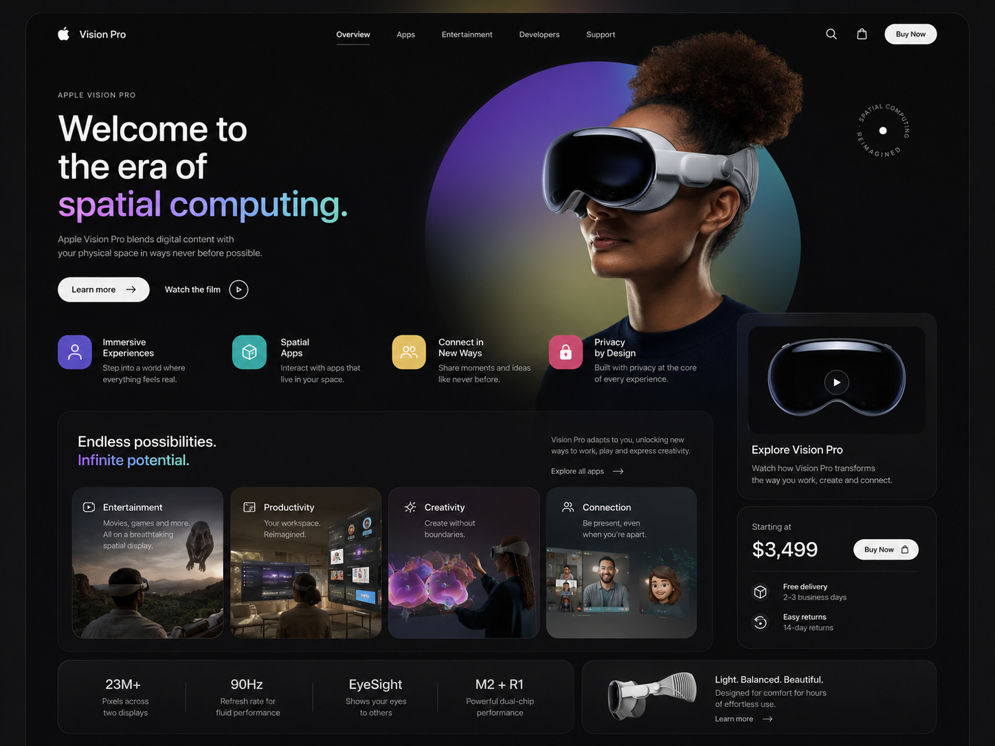 Apple Vision Pro — Immersive Spatial Computing Landing Page UI animation app app design apple vision pro branding design design style design tokens graphic design landing page product design ui ui design ui ux ux design vision pro design
