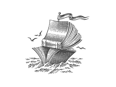 Books black and white books engraved engraving etched etching graphic illustration label logo pen and ink ship vector engraving woodcut