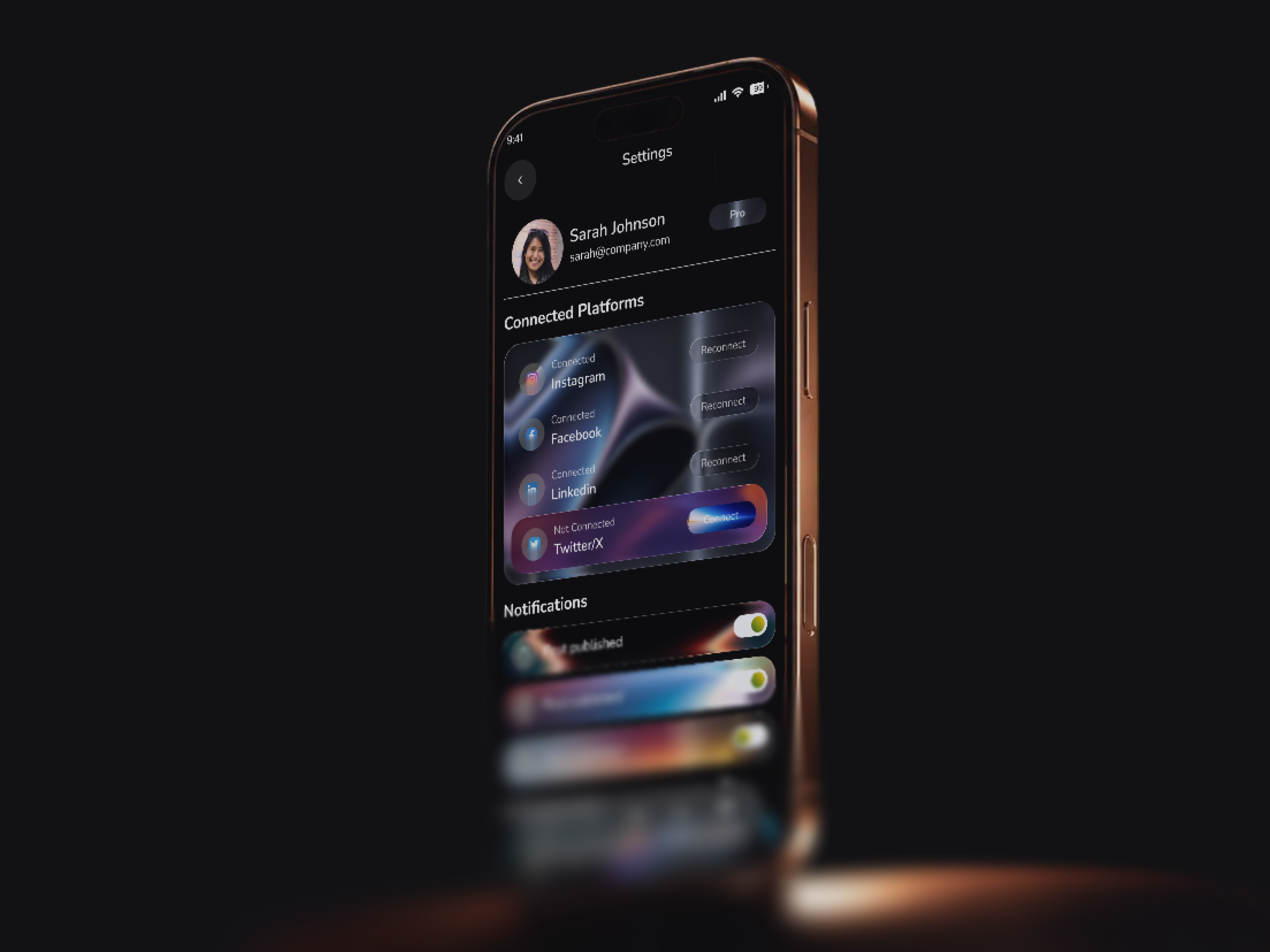 AI Marketing Automation – Settings UI ai marketing ai saas app design connected platforms dark ui dashboard ui design system figma marketing automation mobile app mobile app design mobile ui notification settings product design profile ui saas design settings ui social media management ui design ux design