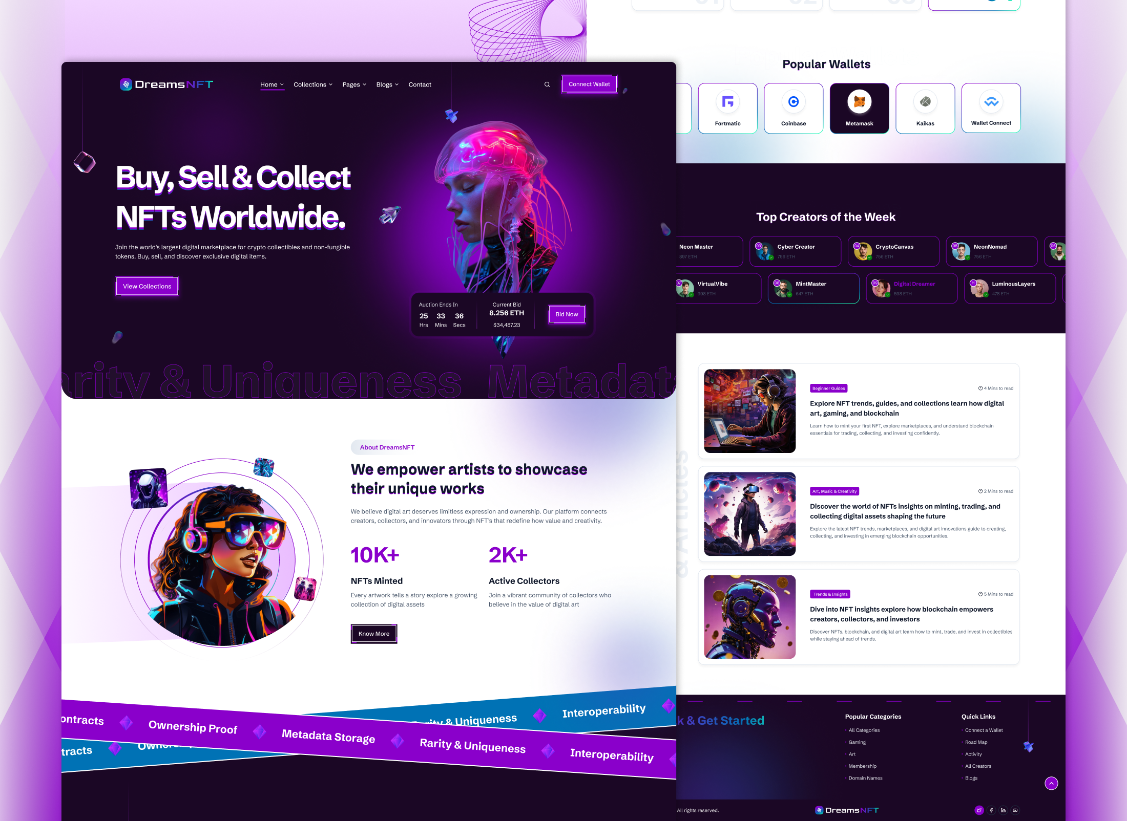 NFT Marketplace Website Landing Page UI Design | DreamsNFT blockchain bootstrap 5 crypto crypto art crypto wallet digital collectibles dreamsnft html template landing page marketplace ui metaverse nft marketplace nft ui nft website responsive design ui design ux design web3 web3 ui website design