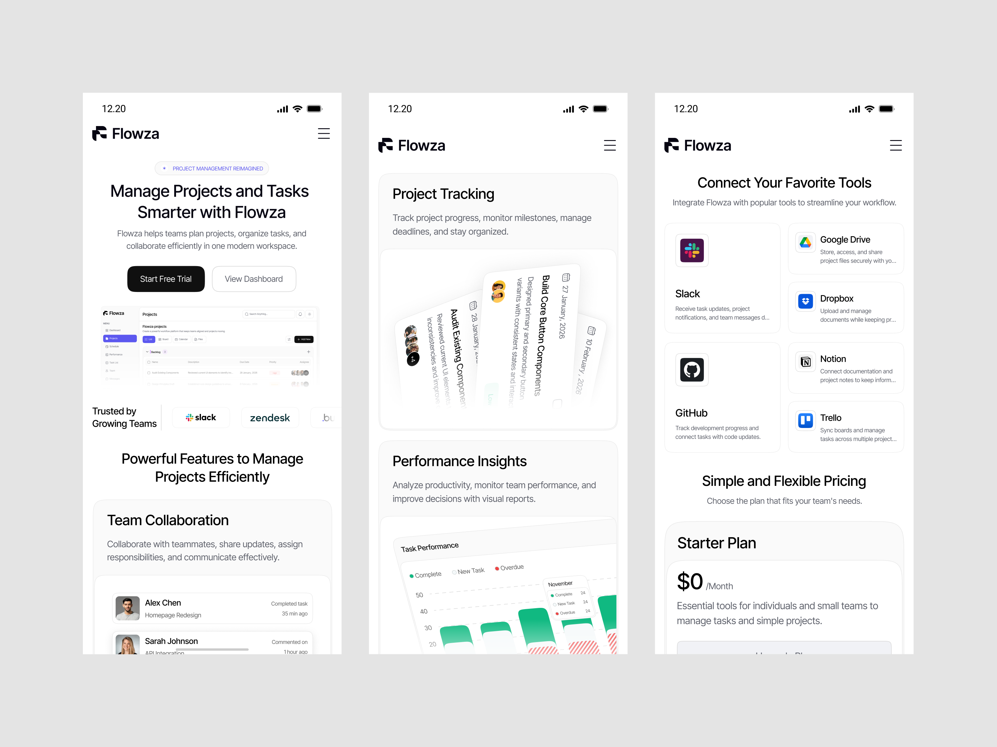 Flowza – SaaS Project Management Landing Page Responsive app design landing page mobile app project management responsive saas startup website uiux web design website