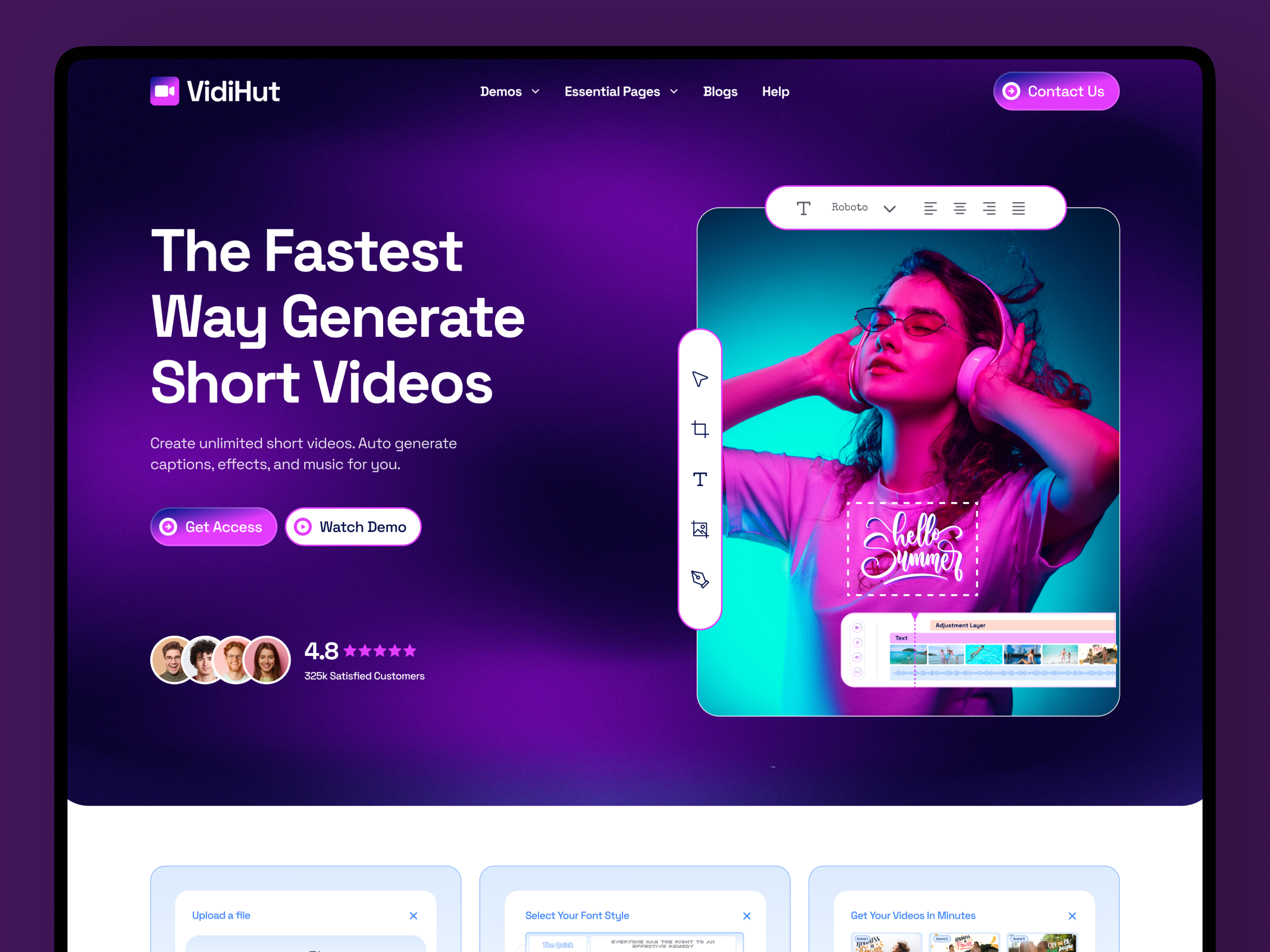 AI Reel Maker Website Landing Page ai reel maker ai video editor ai video generator ai website creator tool dark ui figma design instagram reels landing page design modern ui reel maker website saas landing page saas website short video maker social media tool ui design ux design video generator web design website design