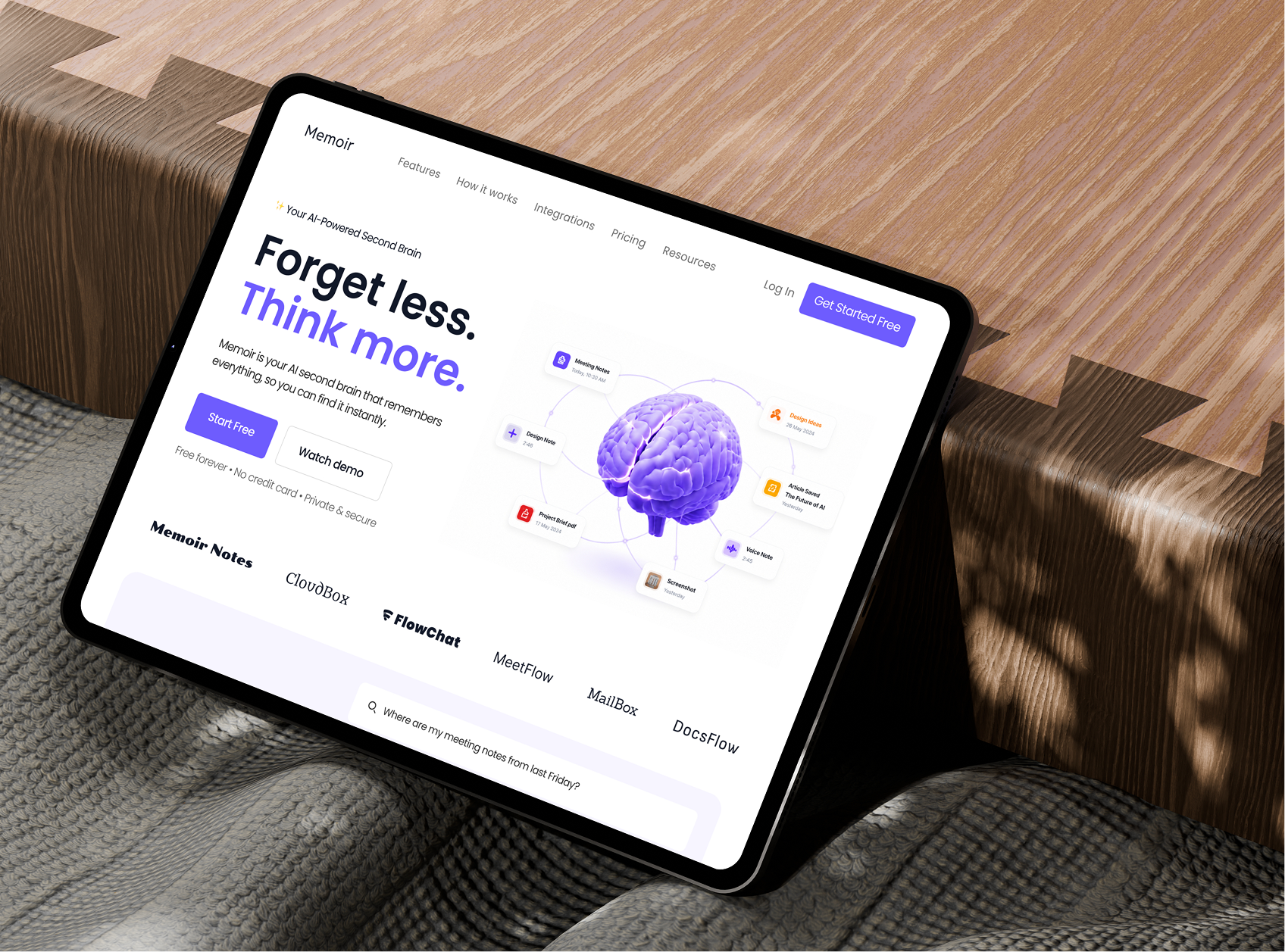 Memoir — AI Second Brain Landing Page ai ensuesoft figma landingpage productdesign saas ui uidesign ux webdesign