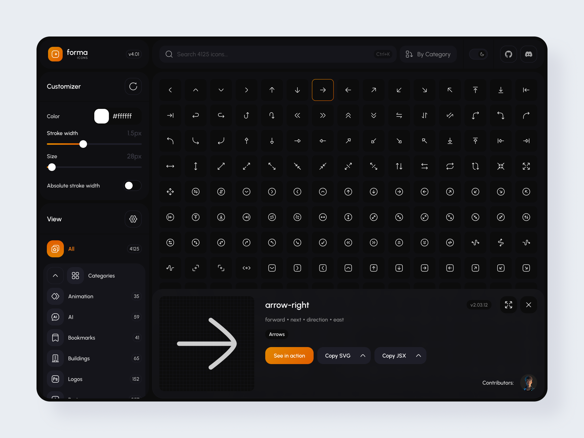 Modern Icon Library Dashboard by Alex Pavlov customizer dark theme dashboard dashboard design design system design tool figma icon icon dashboard icon library icon pack icon system icons interface minimal saas search ui ux web app