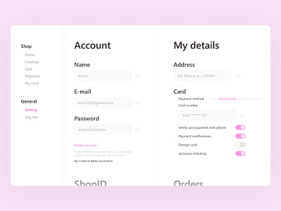 DailyUI 7 | Settings 007 daily dailyui dailyui007 dark design designconcept figma interface online shop panel pink settings themes ui uidaily uiux webdesign white