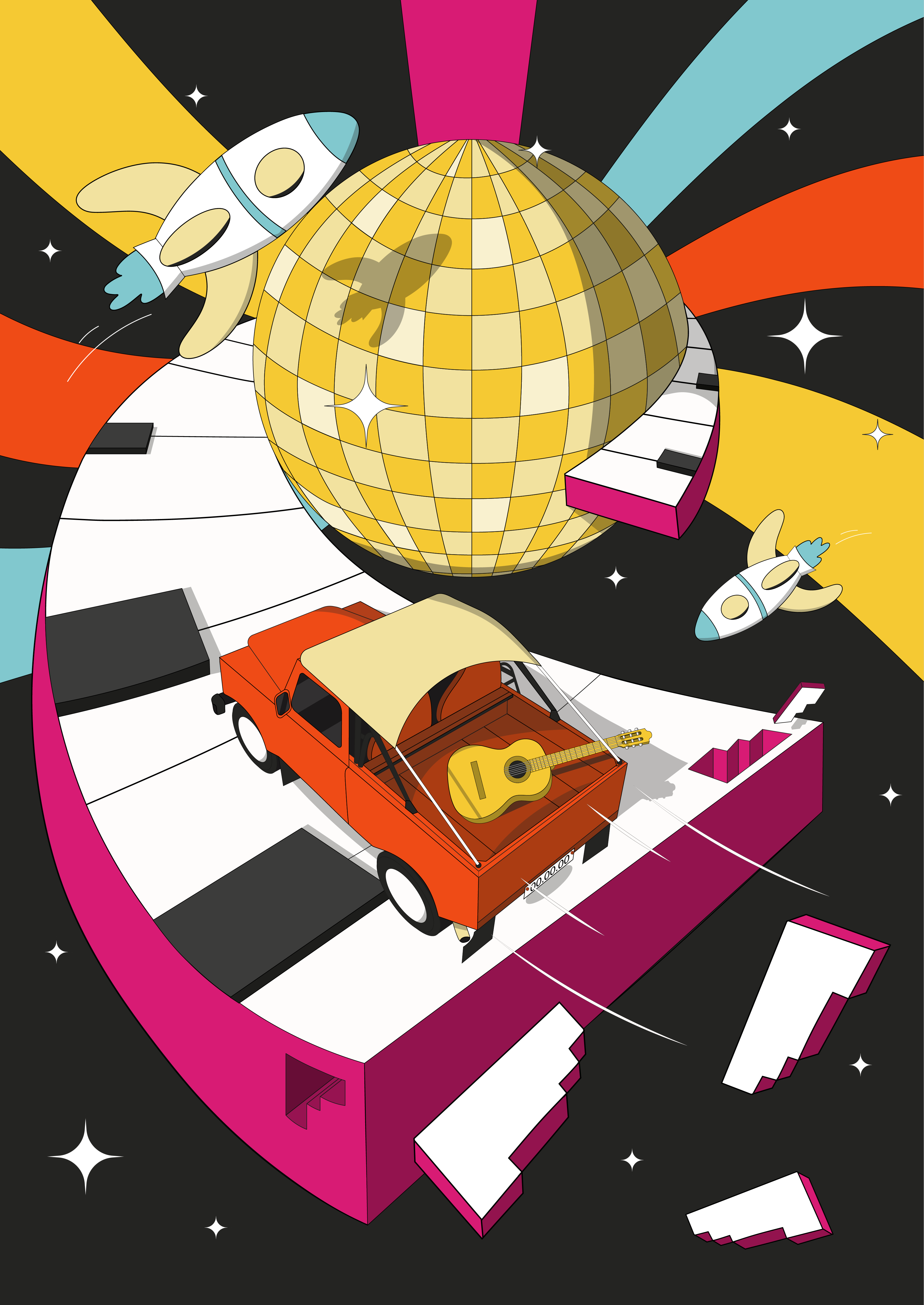 Where Music Takes Us 2d 3d advertising illustration brand illustration branding design digital art editorial illustration extrude graphic design illustration isometric isometric illustration magazine music poster design retro space vector art vector illustration