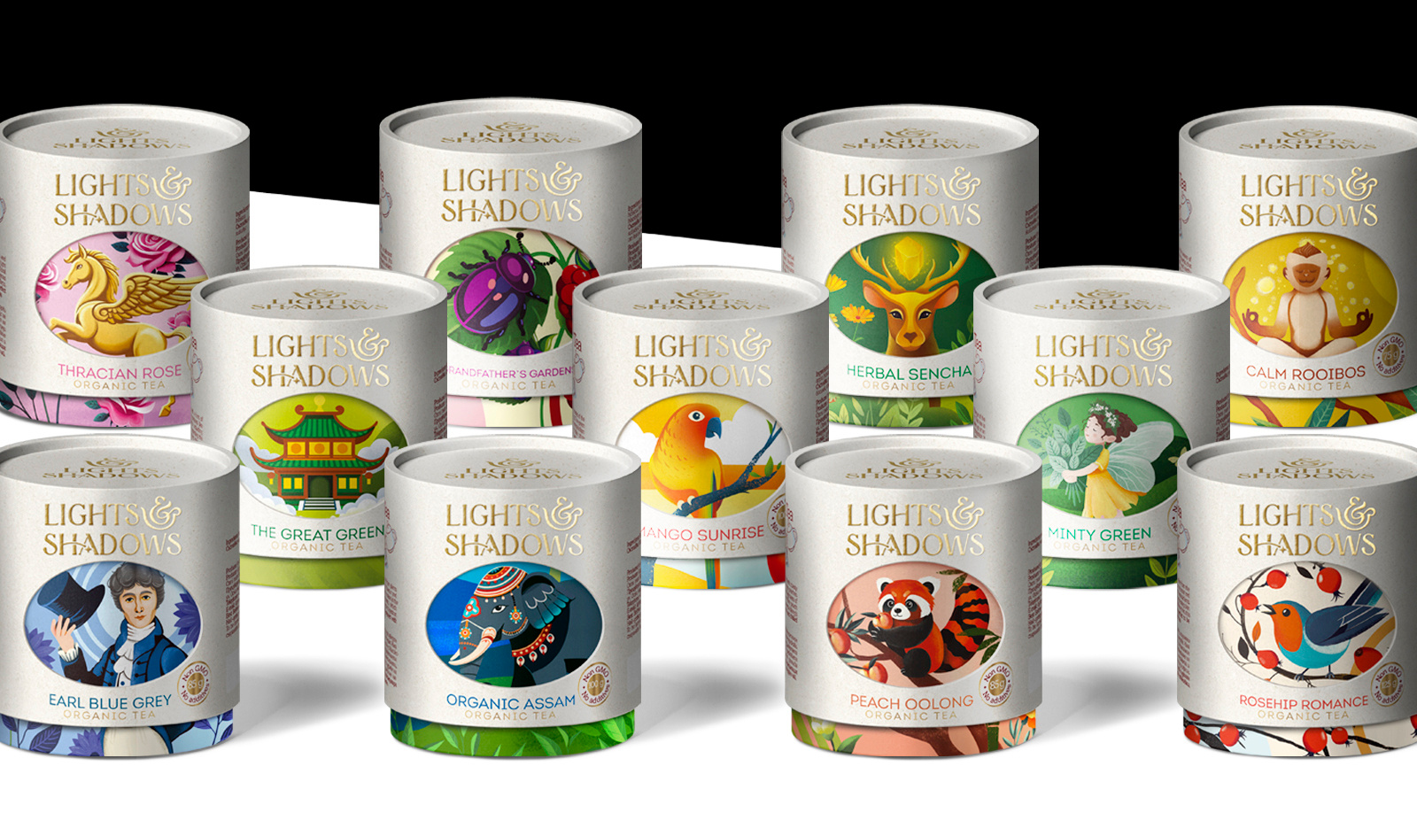 Lights & Shadows – Boutique Organic Tea Packaging boutique brand identity branding graphic design illustration organic packaging packaging design tea visual identity