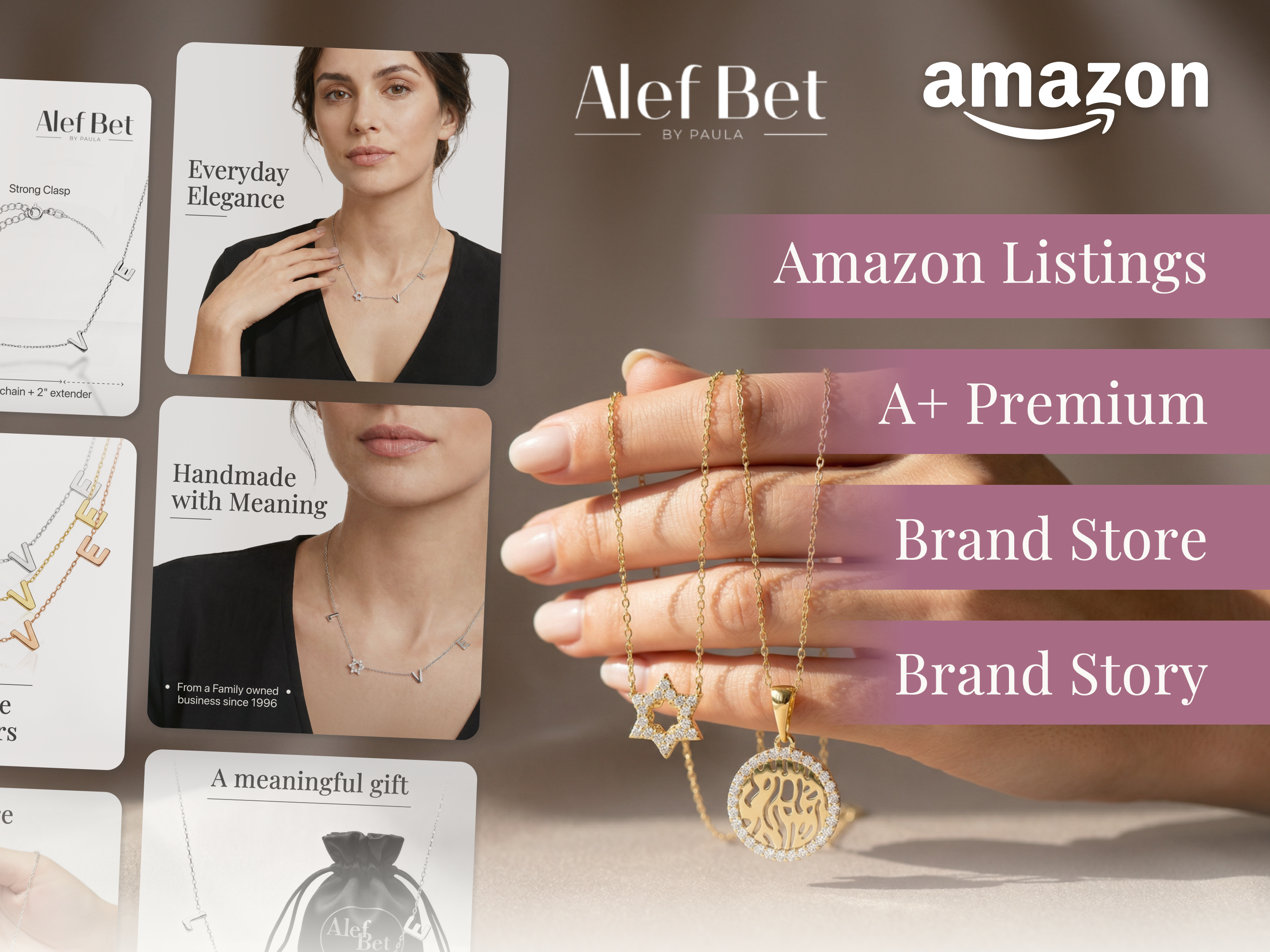 Jewelry Amazon Listing & Storefront a plus content amazon listing amazon storefront brand architecture brand identity catalog layout digital assets figma design high converting jewelry branding jewelry design lifestyle branding luxury aesthetic minimalist luxury online store premium e commerce product presentation typography design ui ux visual identity