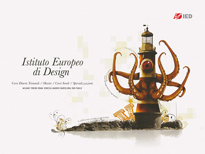 Istituto Europeo di Design’s surreal brand identity analog animation art direction branding collage graphic design halftone illustration lighthouse octopus one eyed retro scanner school vintage