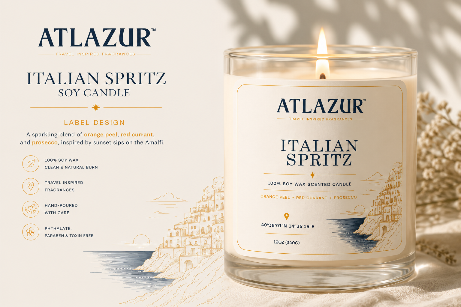 Atlazur™ — Soy Wax Candle Packaging Design adobe illustrator brand identity branding candle candle packaging fragrance graphic design illustration label label design luxury packaging mockup package design packaging packaging design premium branding product label product packaging soy wax candle typography