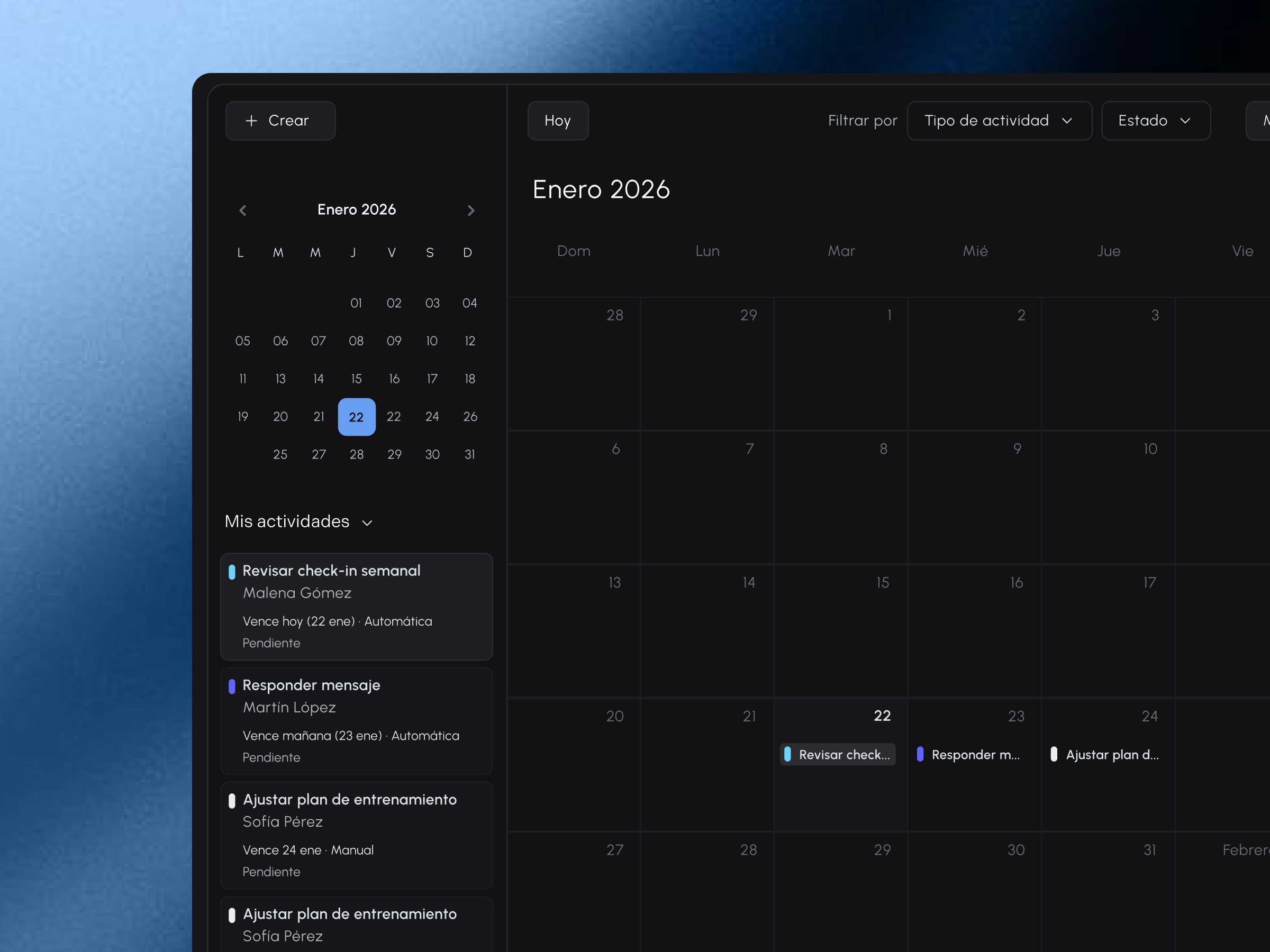 Coach Calendar & Task Management Dashboard calendar dashboard fitness management platform scheduling task ui