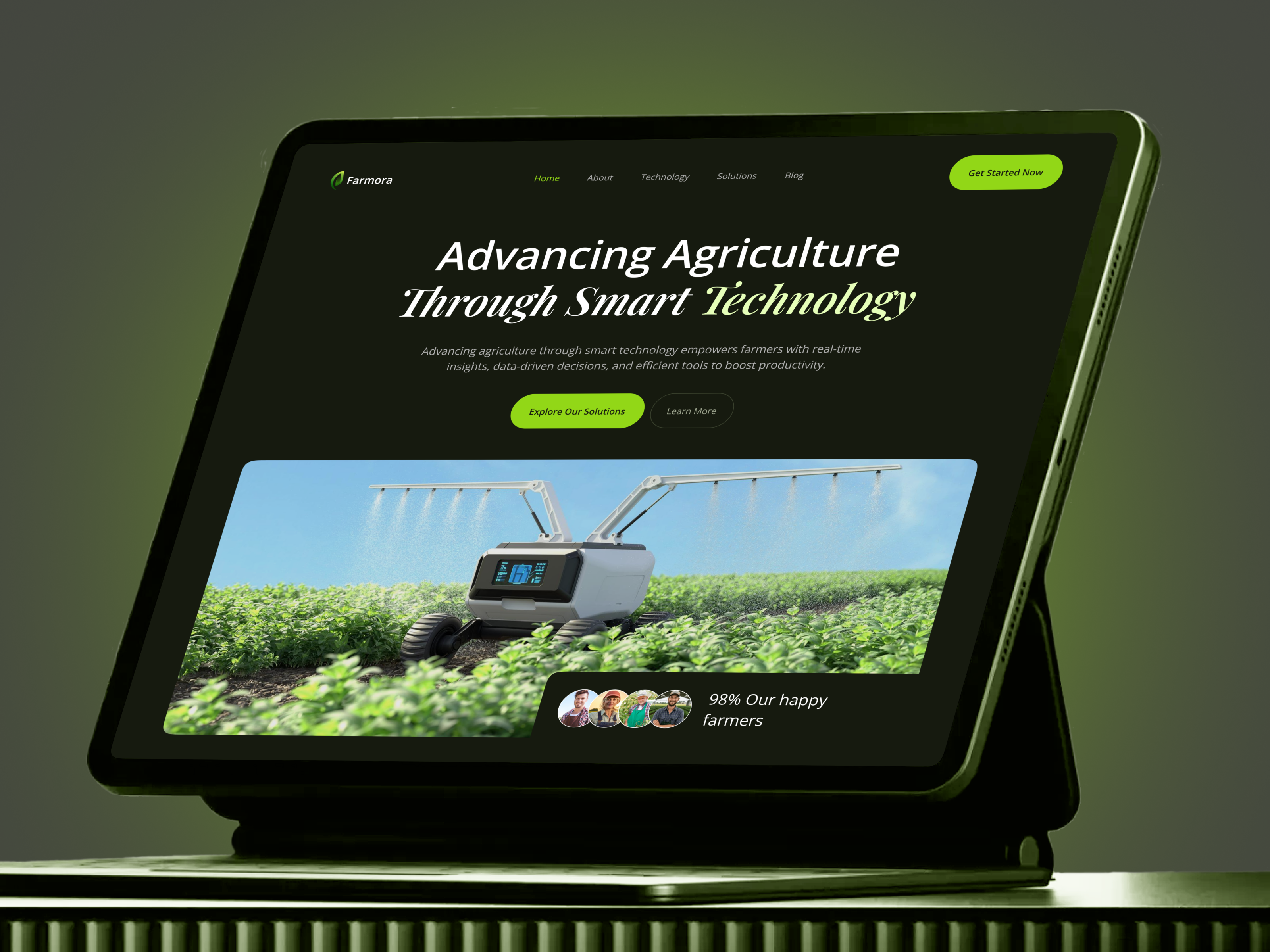 Farmora – Smart Agriculture Landing Page UI Design agriculture agritech ai darkui dribbble figma innovation iot landing page modern design product design saas smart farming techstartup ui ux web design website