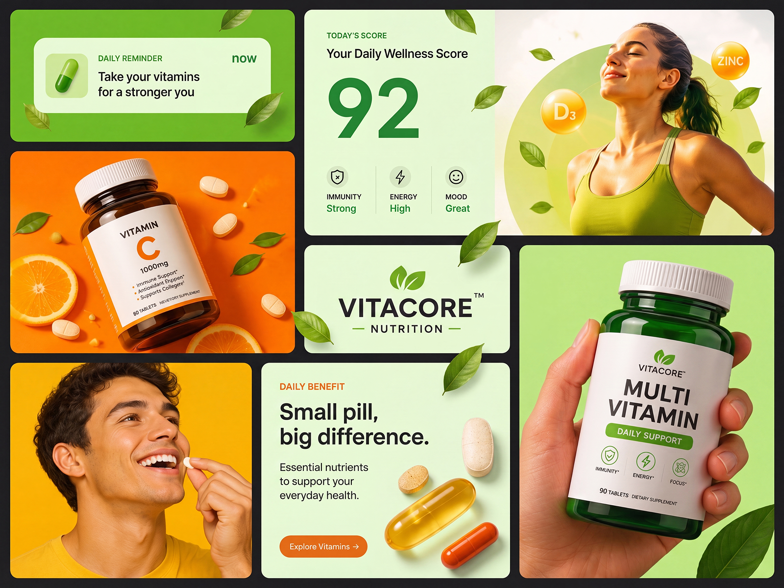 Modern Nutrition Brand Identity - VitaCore brand identity brand strategy creative direction graphic design health wellness healthcare branding label design marketing design packaging design pro ui product design supplement branding techwitpro ui ux design visual identity vitamin web design